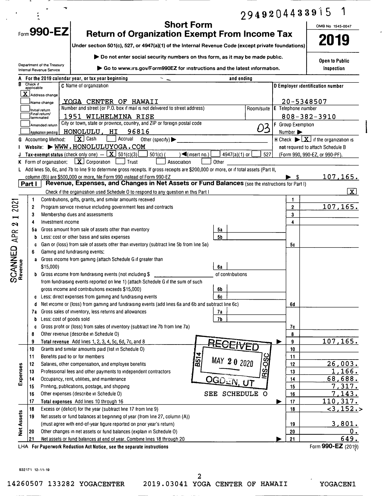 Image of first page of 2019 Form 990EZ for Yoga Center of Hawaii