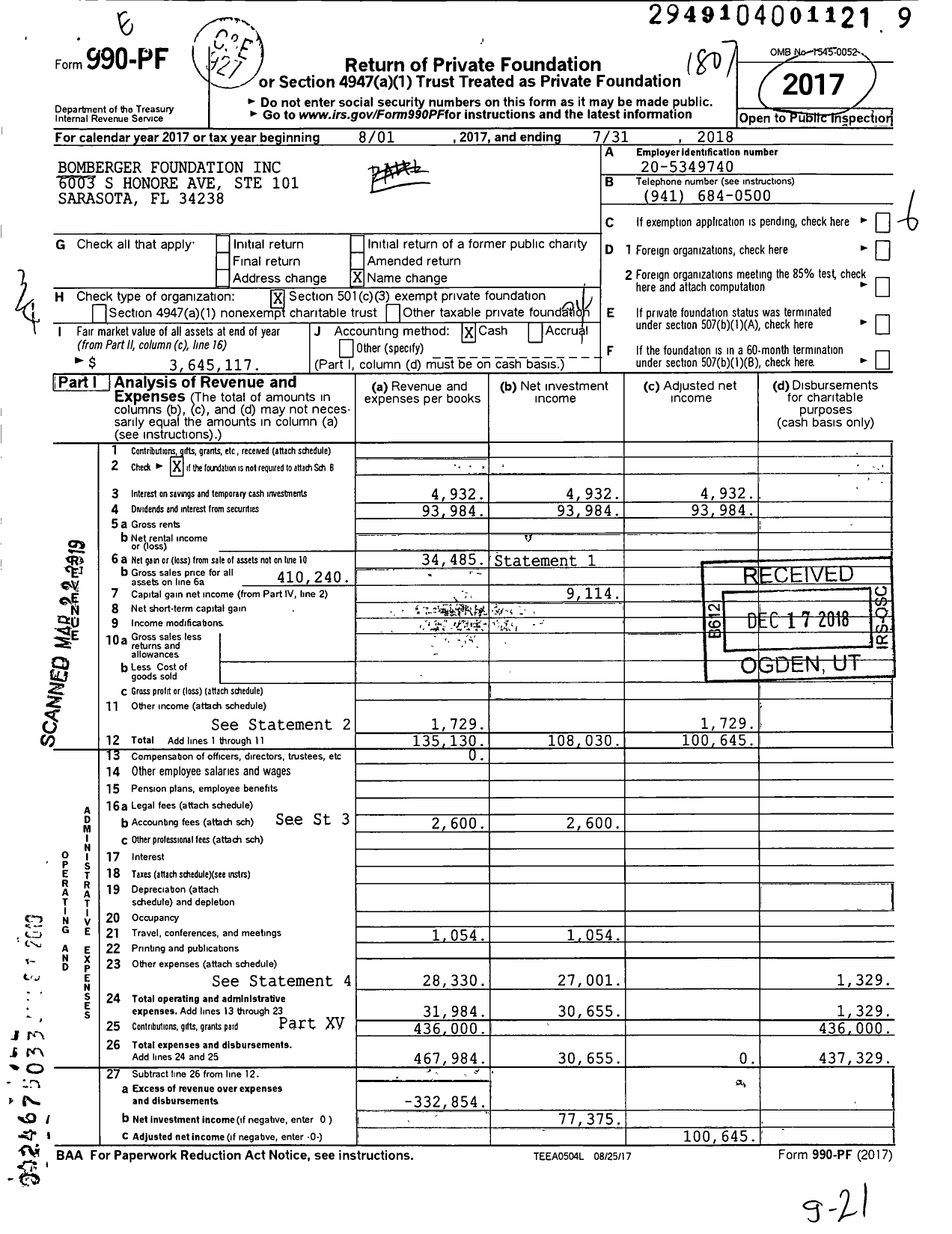 Image of first page of 2017 Form 990PF for Bomberger Foundation