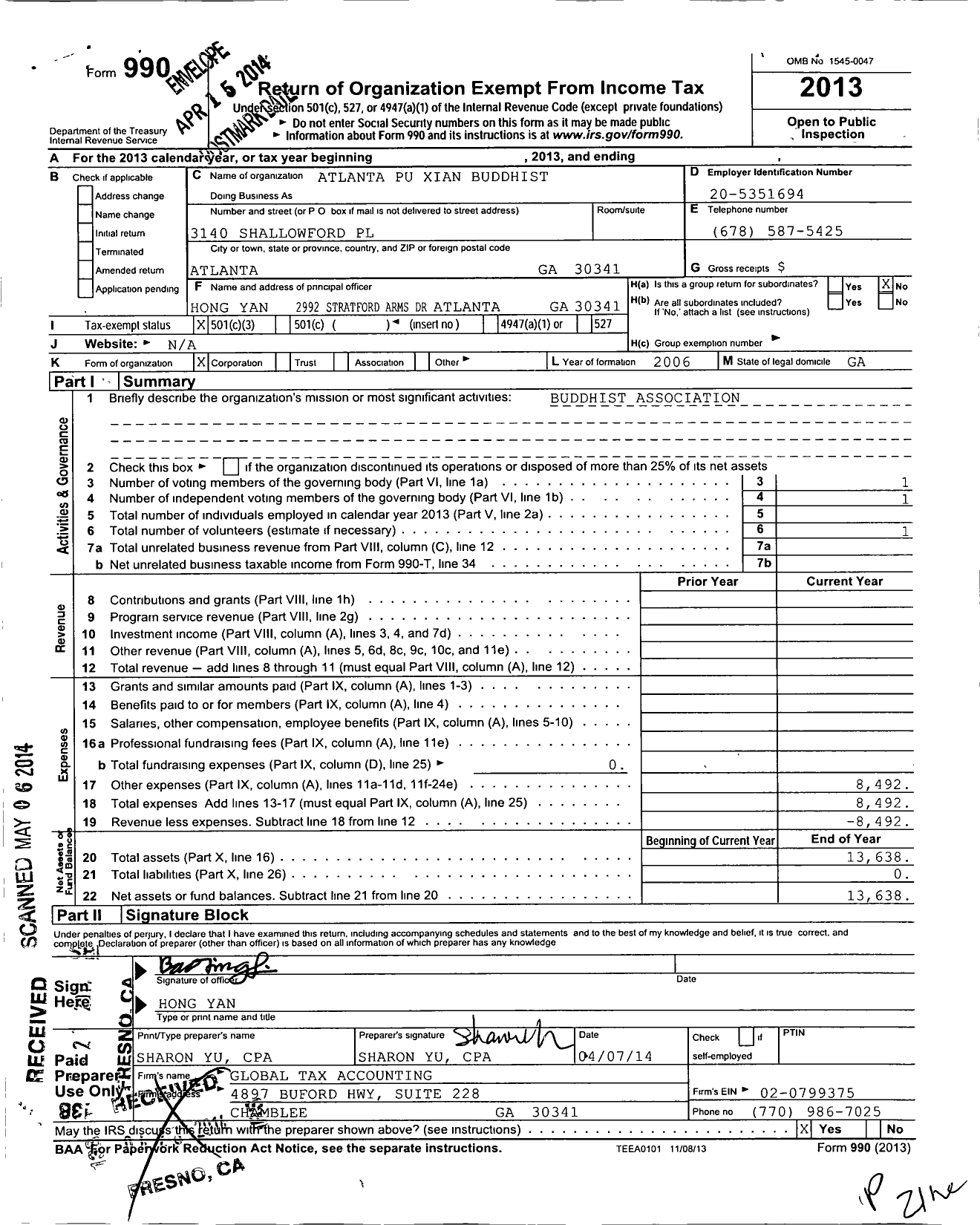 Image of first page of 2013 Form 990 for Altanta Puxian Buddhist Association