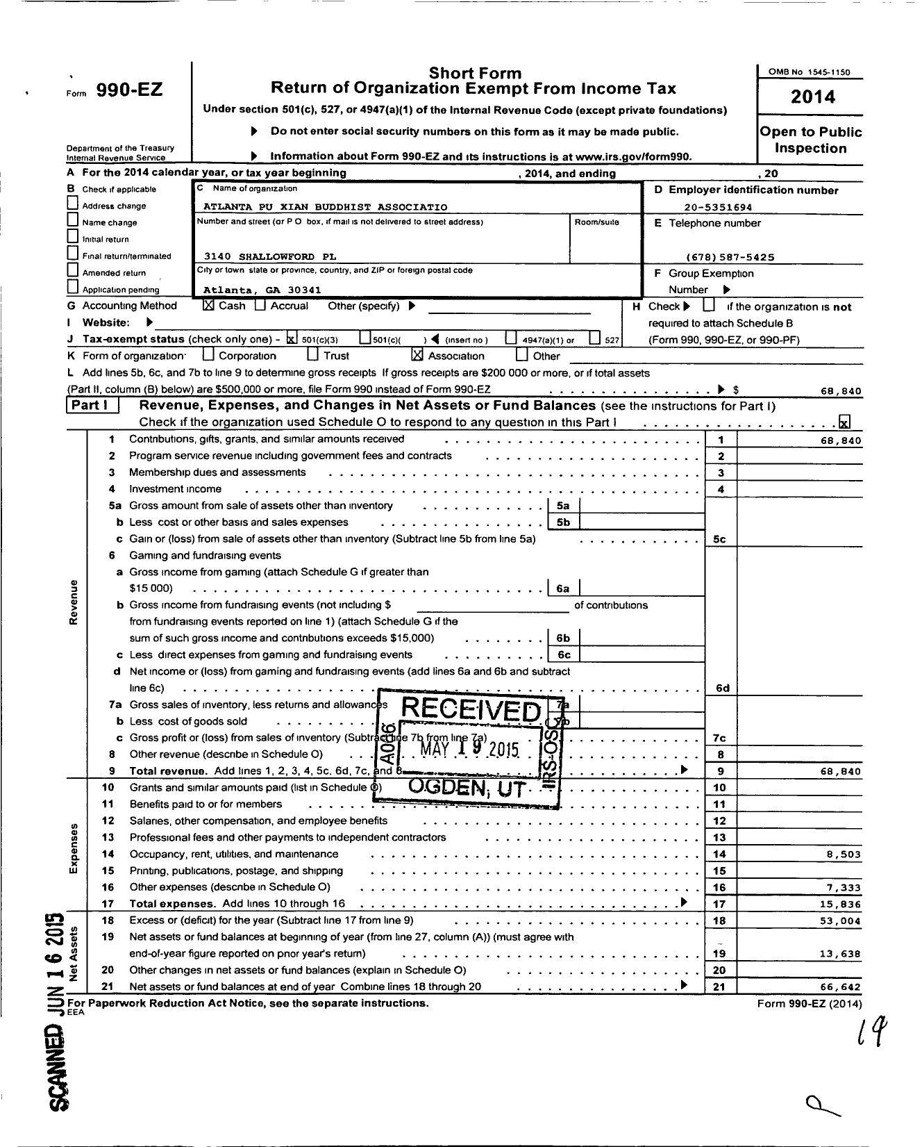 Image of first page of 2014 Form 990EZ for Altanta Puxian Buddhist Association