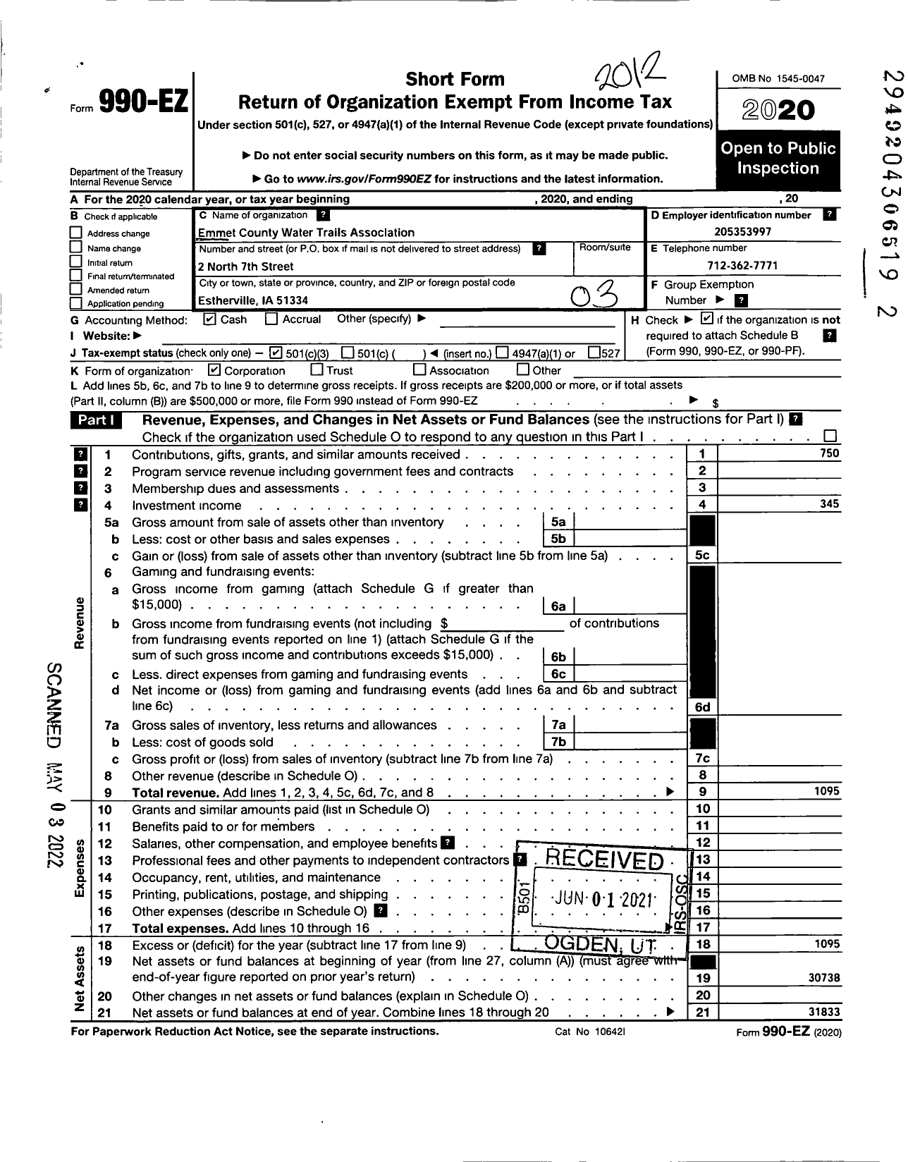 Image of first page of 2020 Form 990EZ for Emmet County Water Trails Association