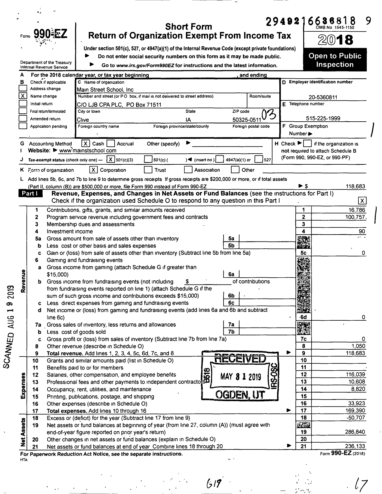 Image of first page of 2018 Form 990EZ for Main Street School