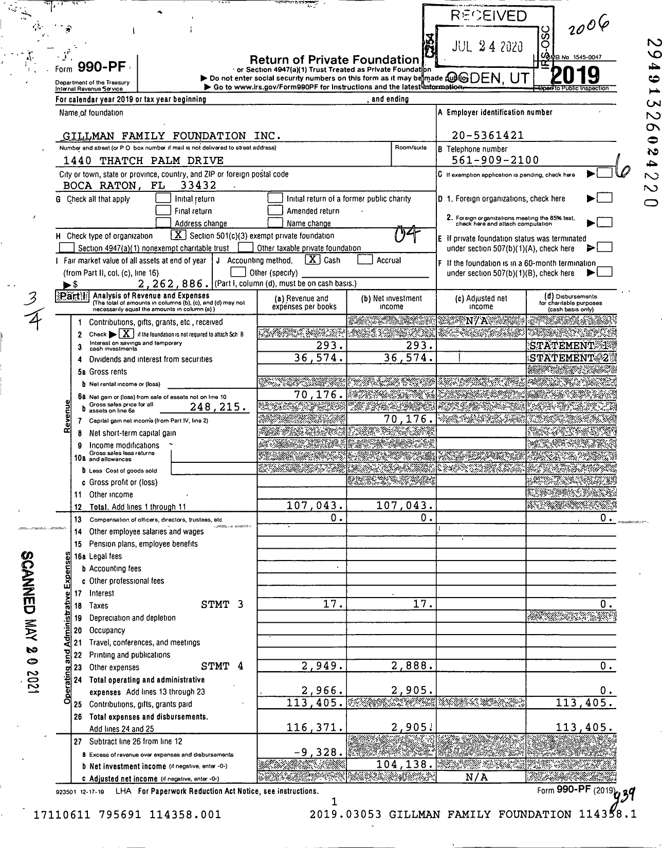 Image of first page of 2019 Form 990PF for Gillman Family Foundation