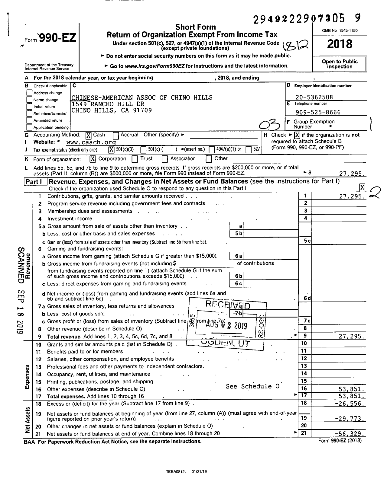 Image of first page of 2018 Form 990EZ for Chinese-American Assoc of Chino Hills