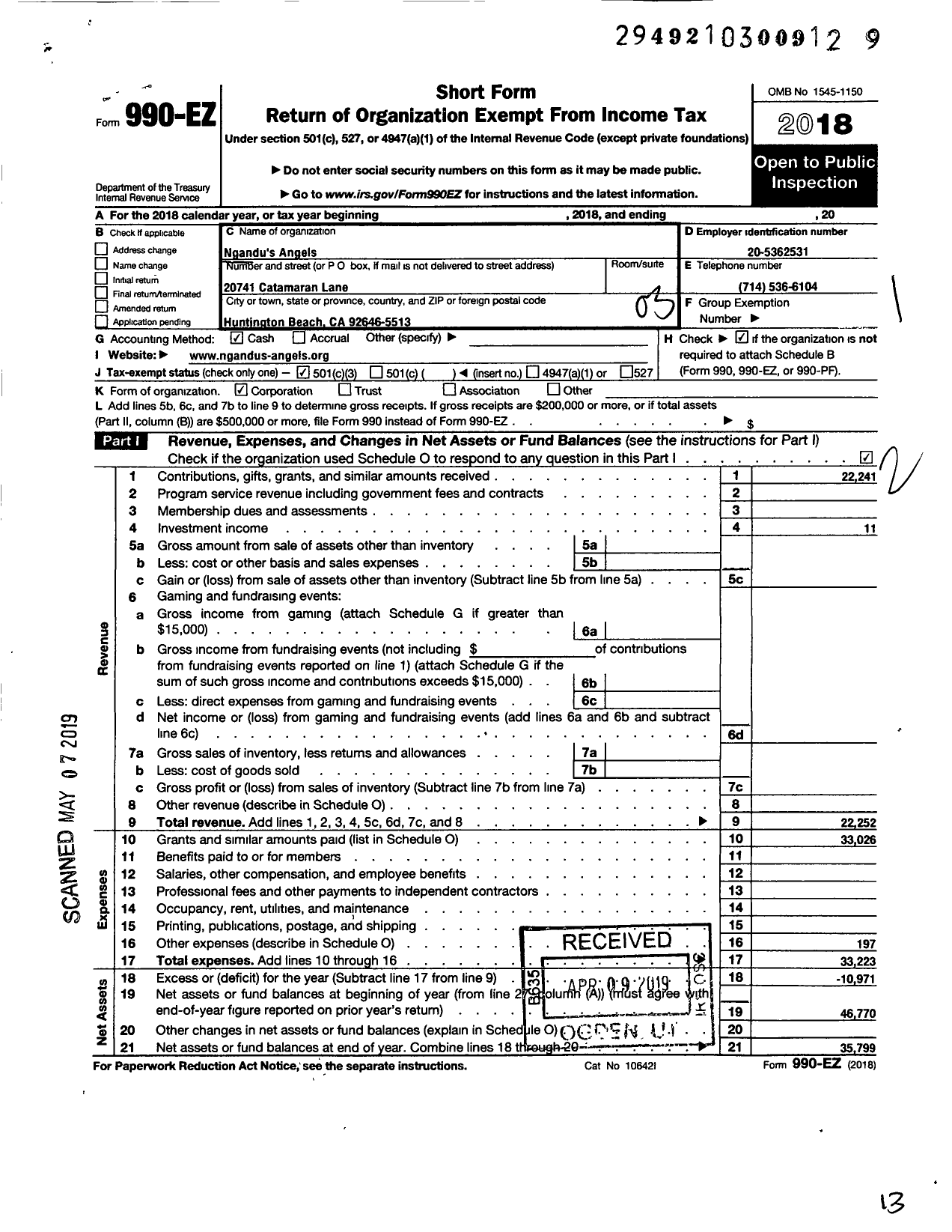 Image of first page of 2018 Form 990EZ for Ngandus Angels