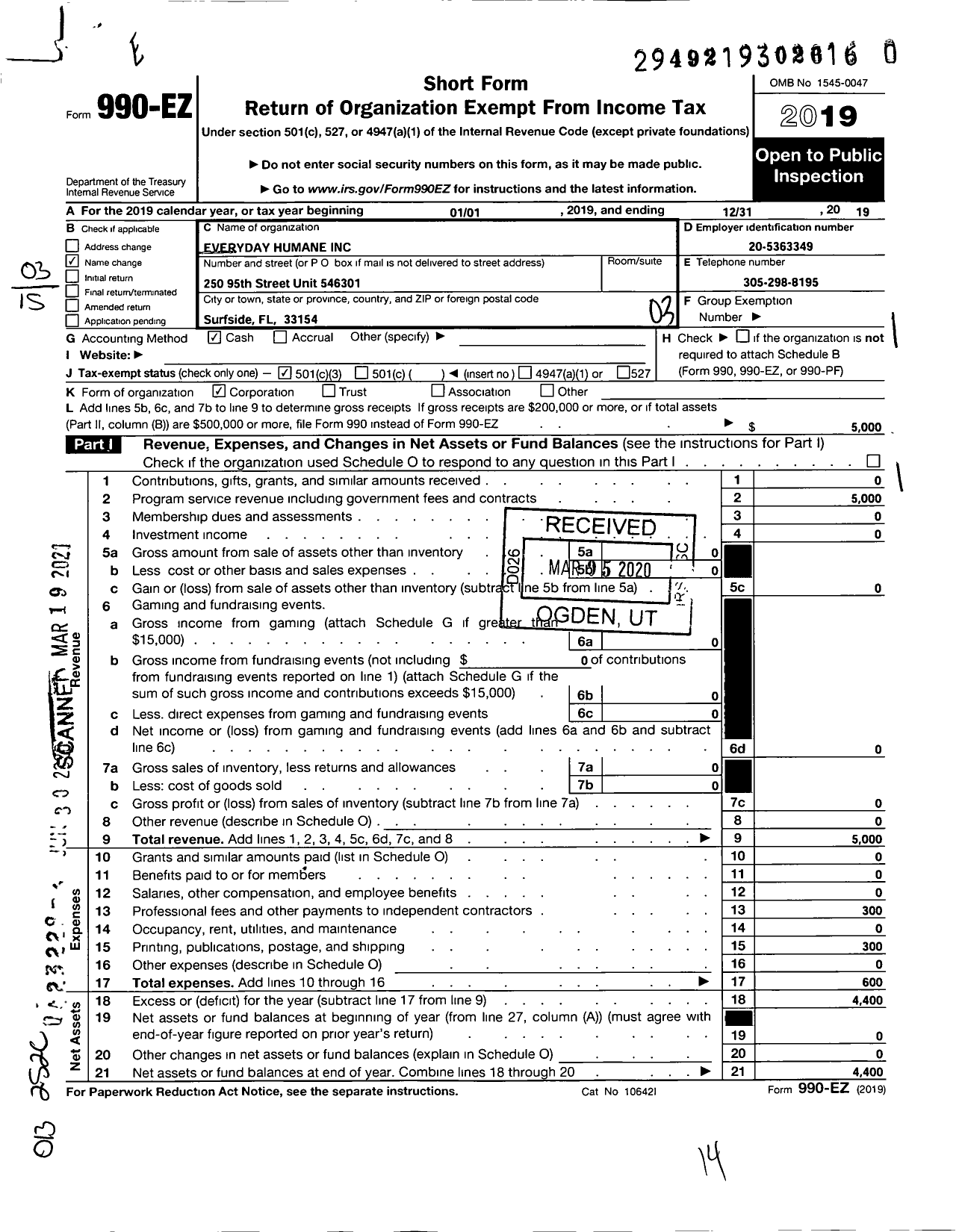 Image of first page of 2019 Form 990EZ for Everyday Humane