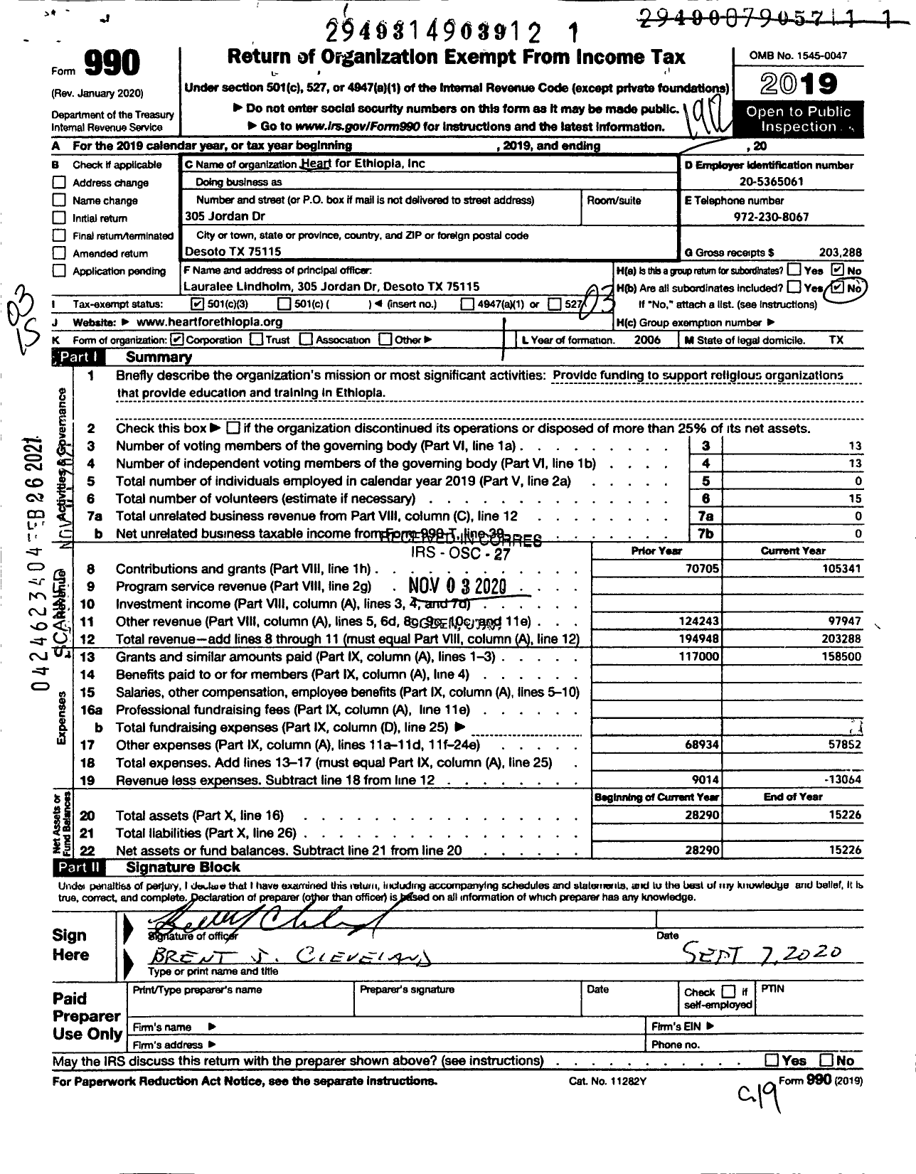 Image of first page of 2019 Form 990 for Heart for Ethiopia