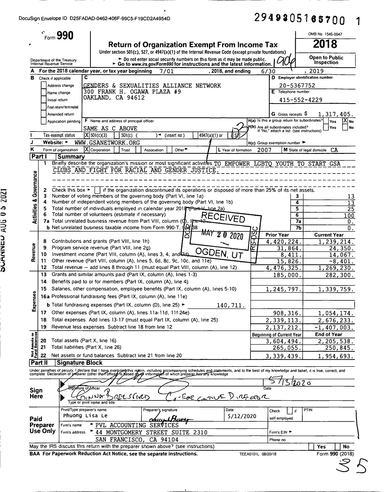 Image of first page of 2018 Form 990 for Gay-Straight Alliance Network