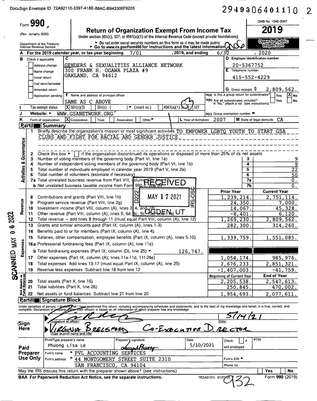 Image of first page of 2019 Form 990 for Gay-Straight Alliance Network