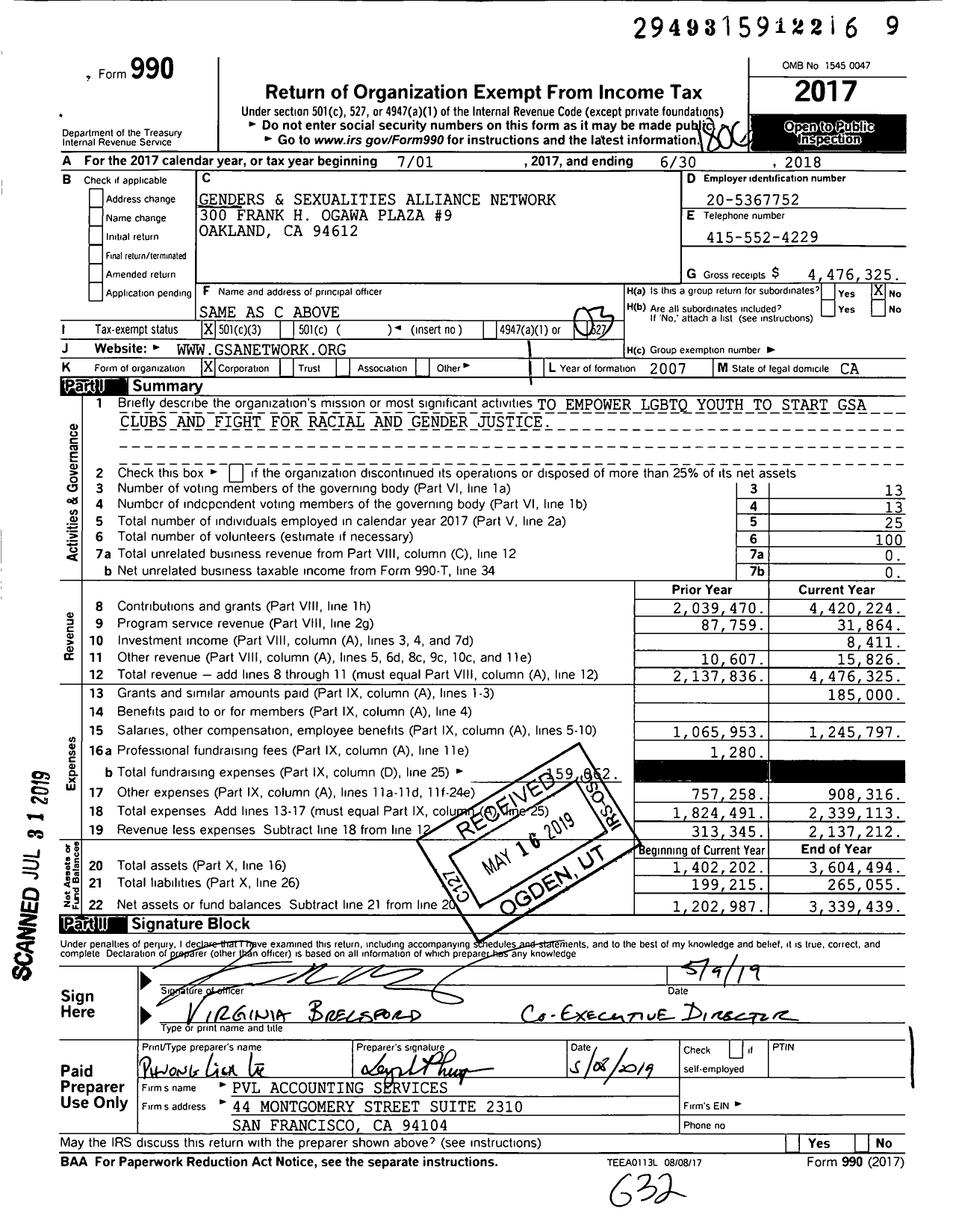 Image of first page of 2017 Form 990 for Gay-Straight Alliance Network