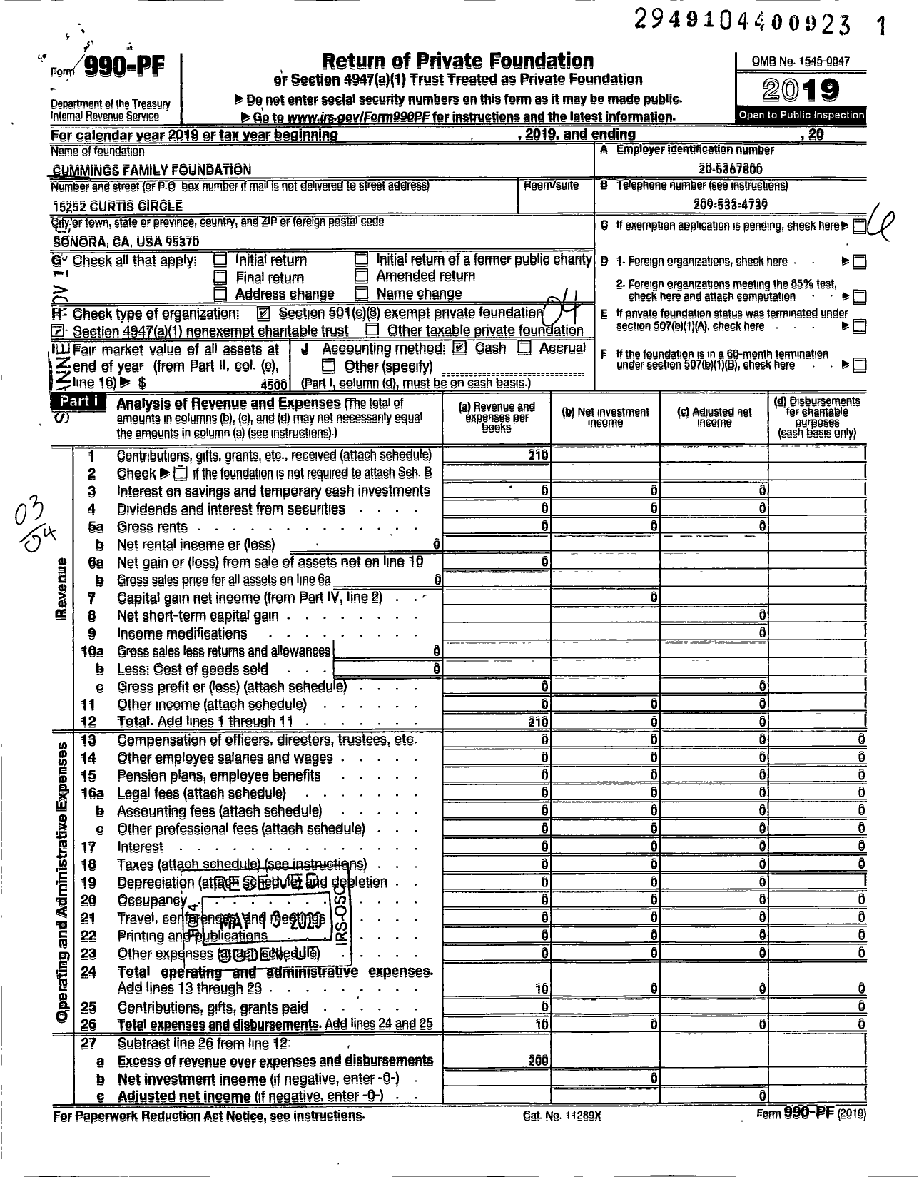 Image of first page of 2019 Form 990PF for Cummings Family Foundation