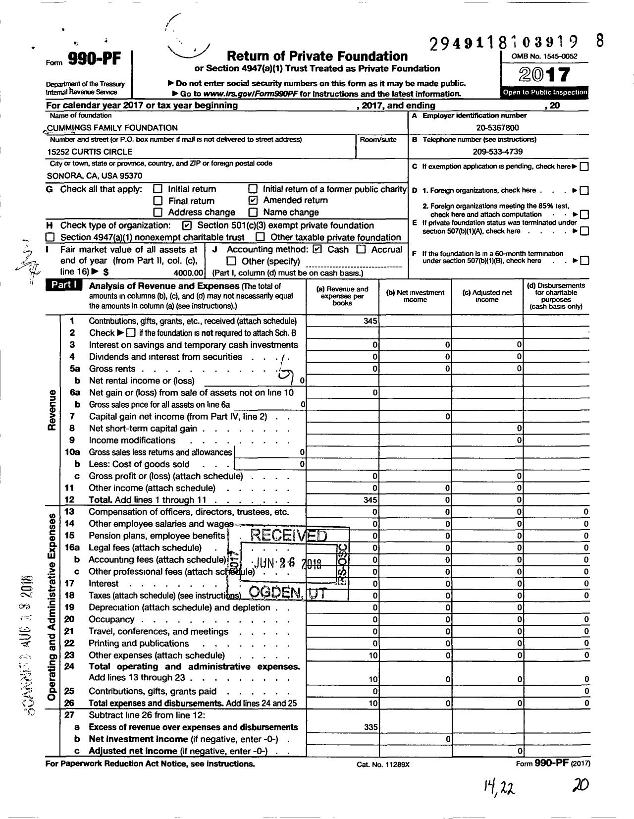 Image of first page of 2017 Form 990PF for Cummings Family Foundation