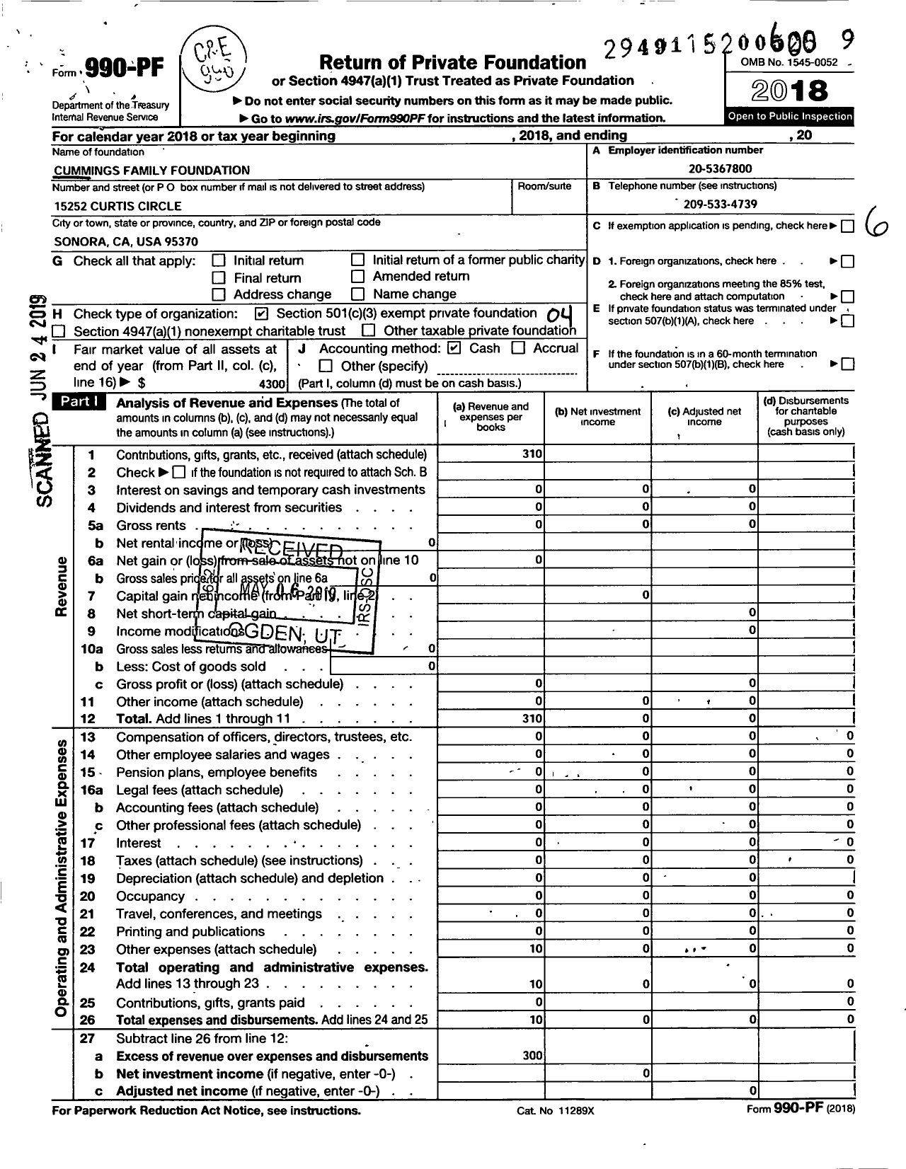 Image of first page of 2018 Form 990PF for Cummings Family Foundation