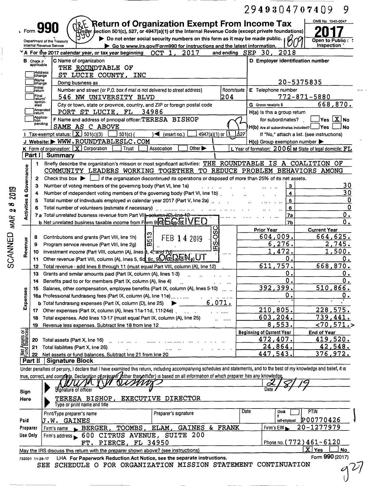 Image of first page of 2017 Form 990 for The Roundtable of St Lucie County