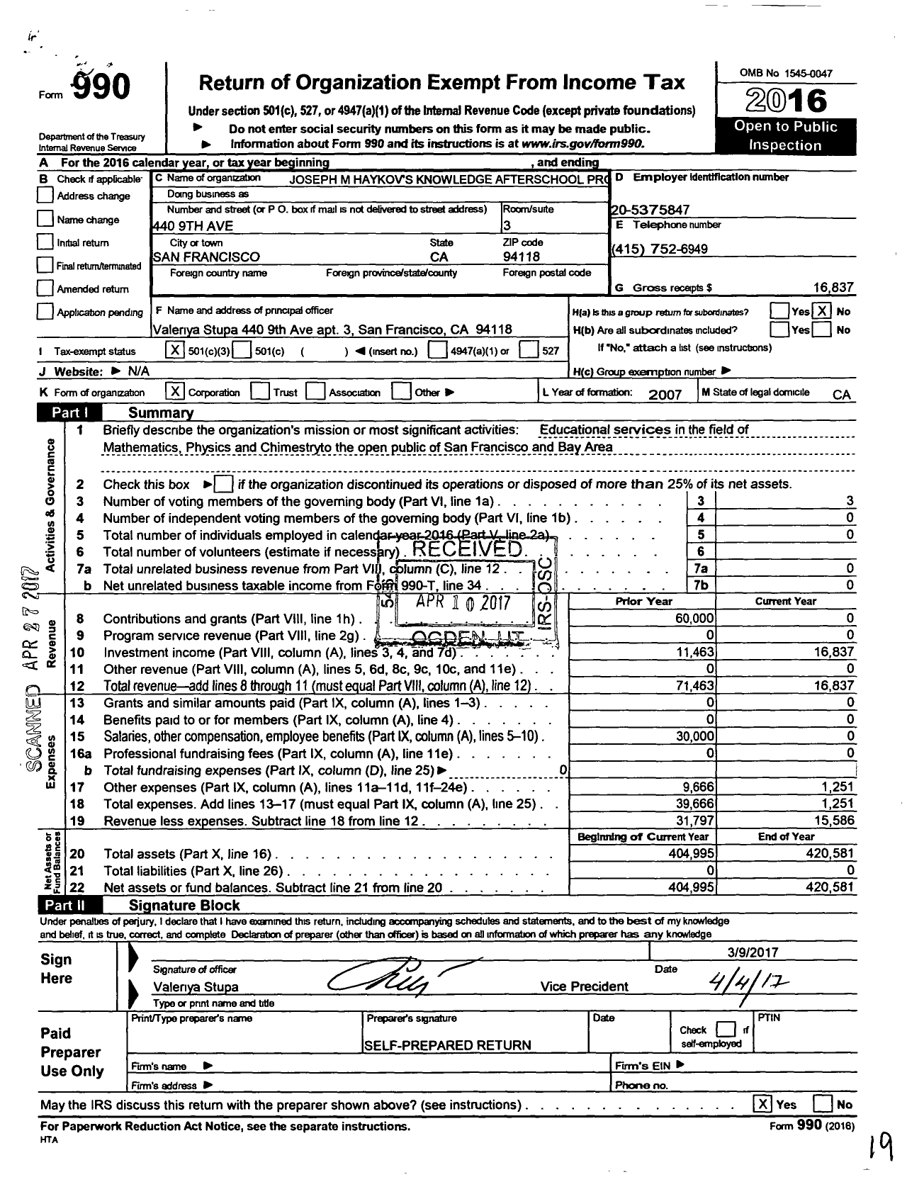 Image of first page of 2016 Form 990 for Joseph M Haykovs Knowledge Aftreschol Program