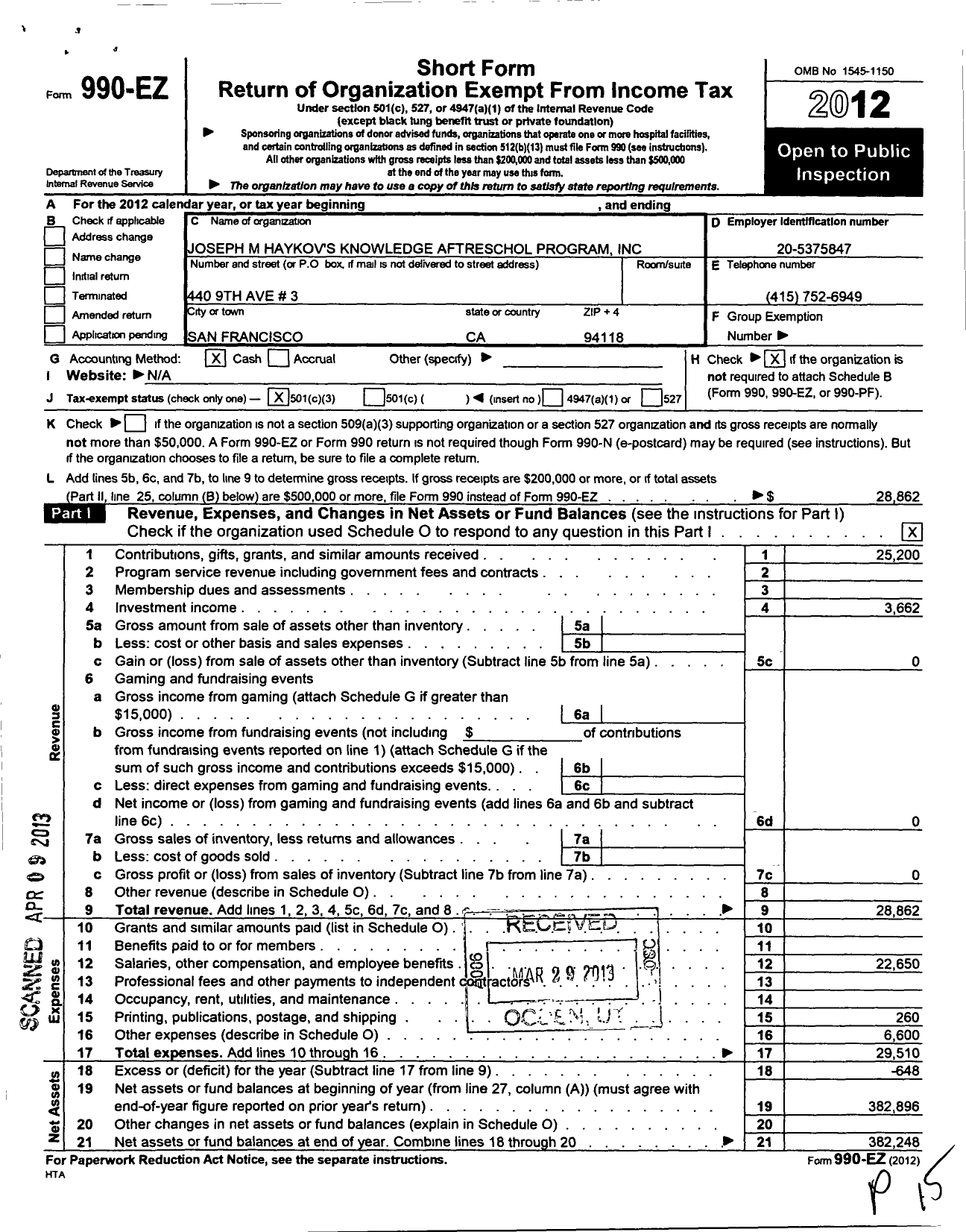 Image of first page of 2012 Form 990EZ for Joseph M Haykovs Knowledge Aftreschol Program