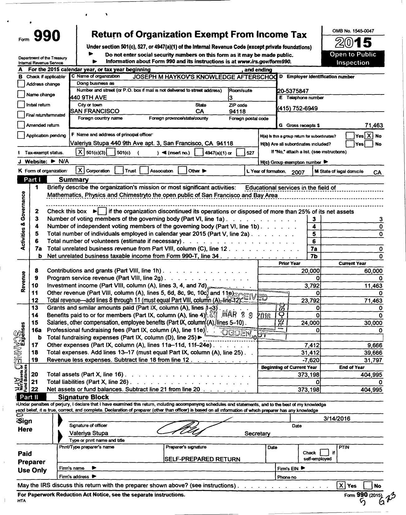 Image of first page of 2015 Form 990 for Joseph M Haykovs Knowledge Aftreschol Program