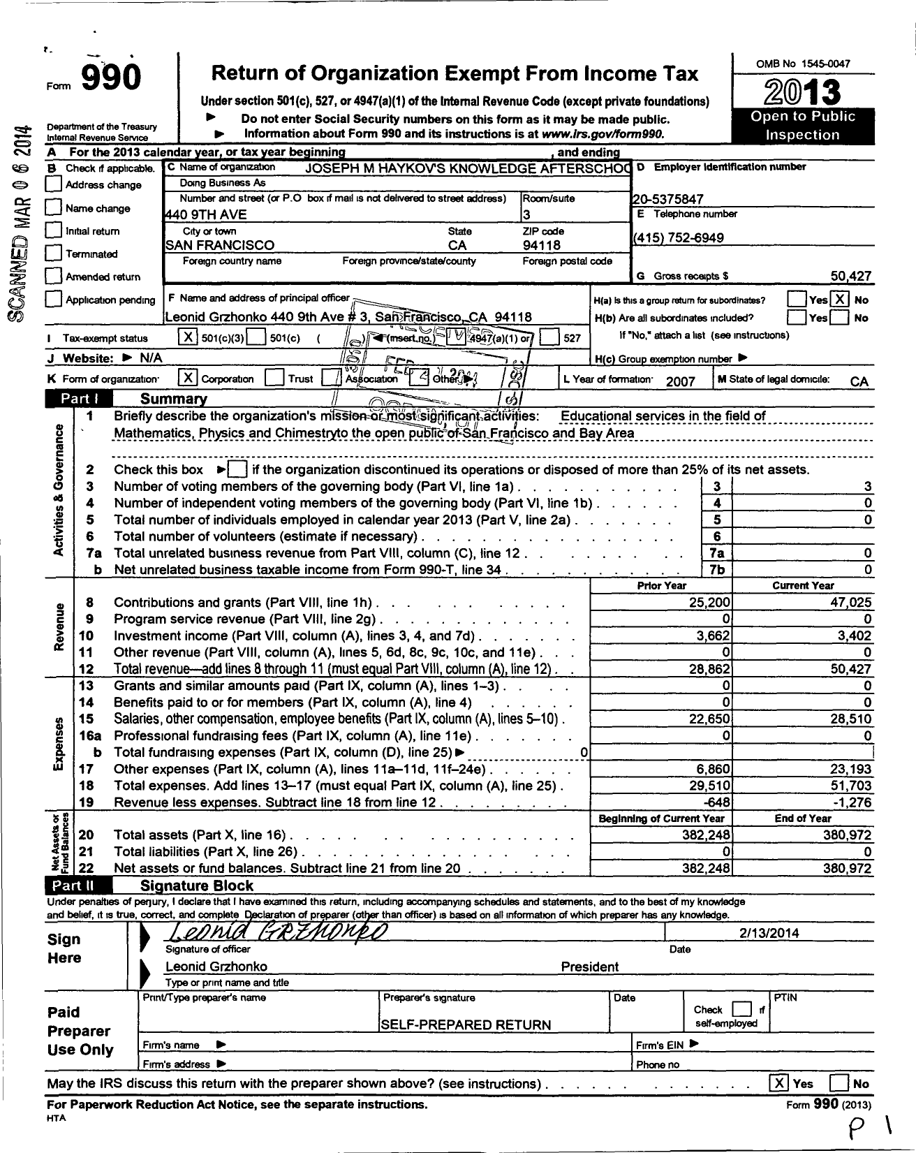 Image of first page of 2013 Form 990 for Joseph M Haykovs Knowledge Aftreschol Program