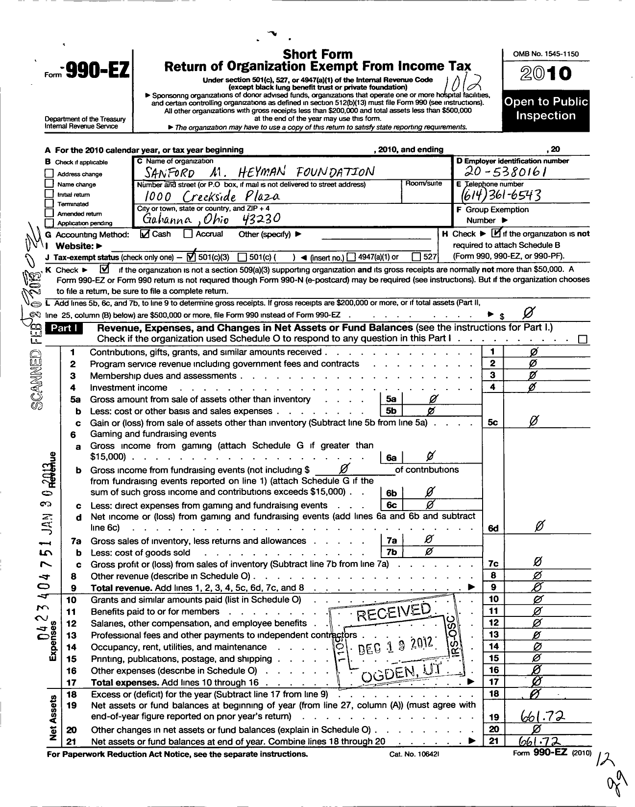 Image of first page of 2010 Form 990EZ for Sanford M Heyman Foundation