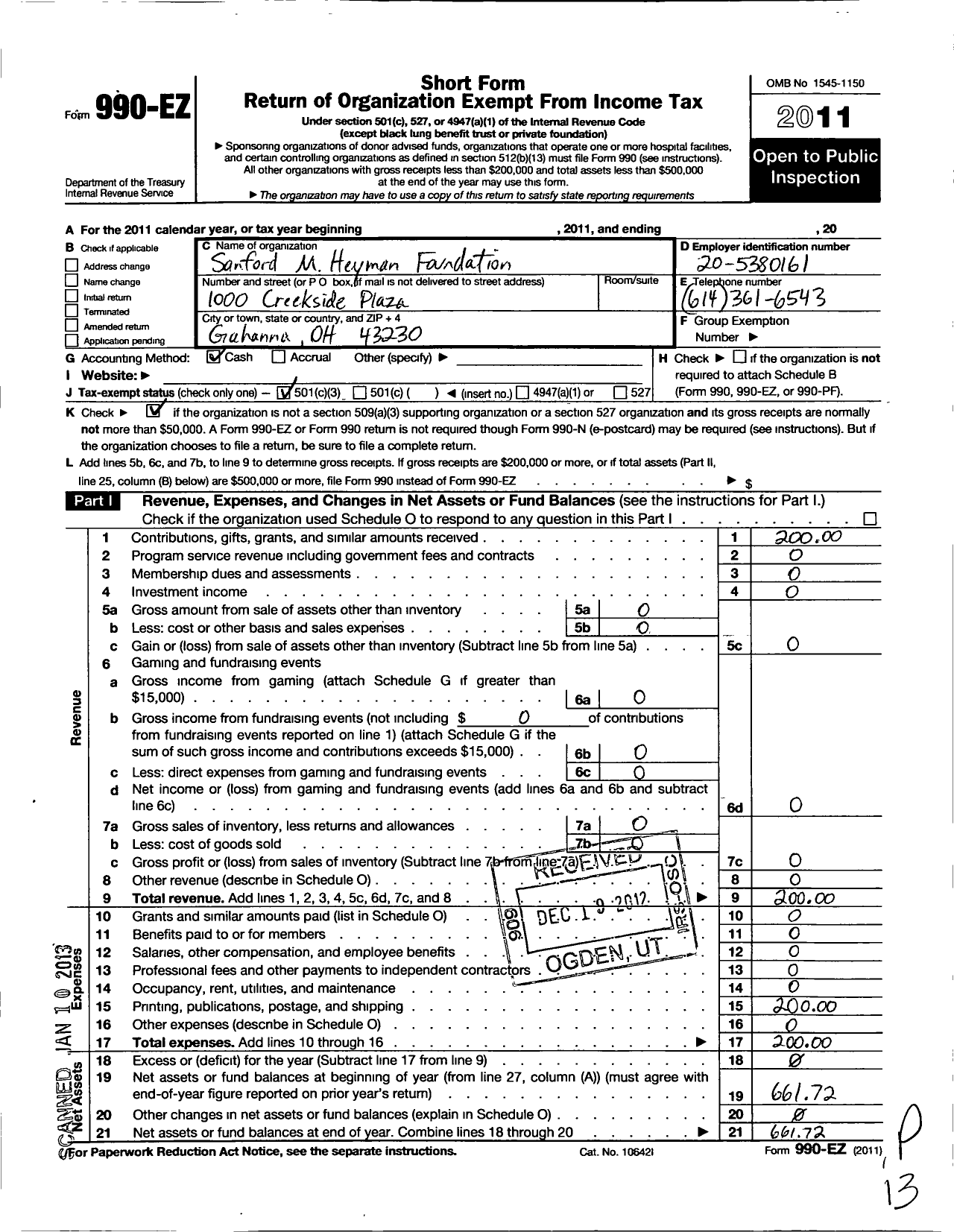 Image of first page of 2011 Form 990EZ for Sanford M Heyman Foundation