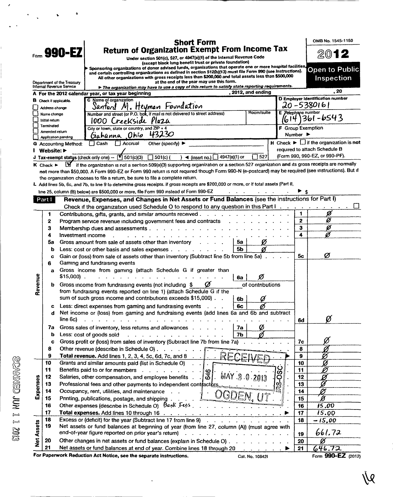 Image of first page of 2012 Form 990EZ for Sanford M Heyman Foundation