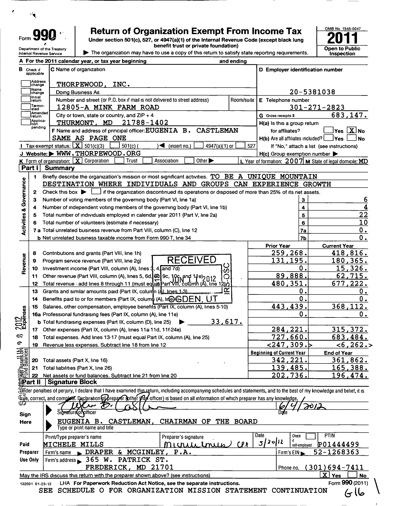Image of first page of 2011 Form 990 for Thorpewood