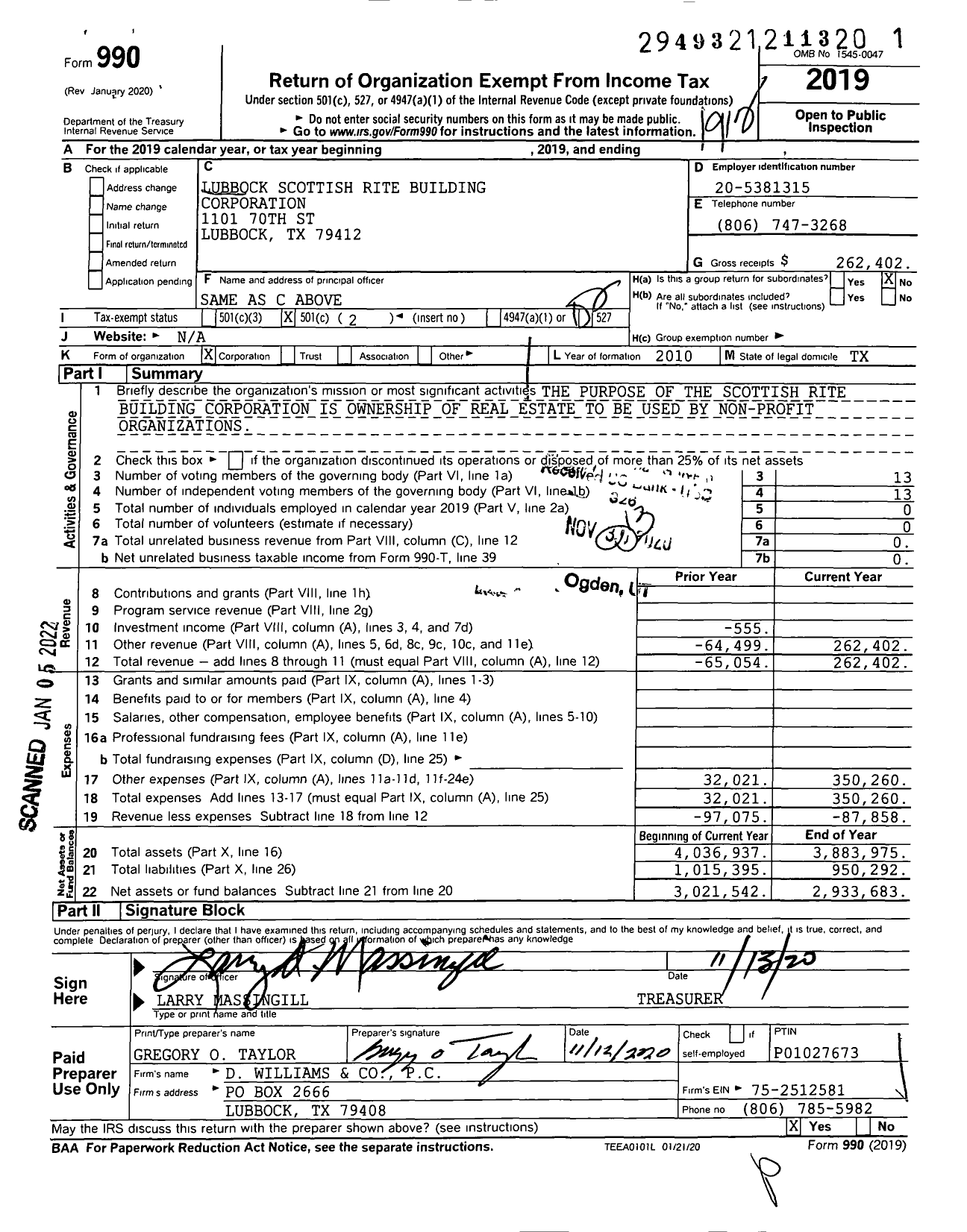 Image of first page of 2019 Form 990O for Lubbock Scottish Rite Building Corporation