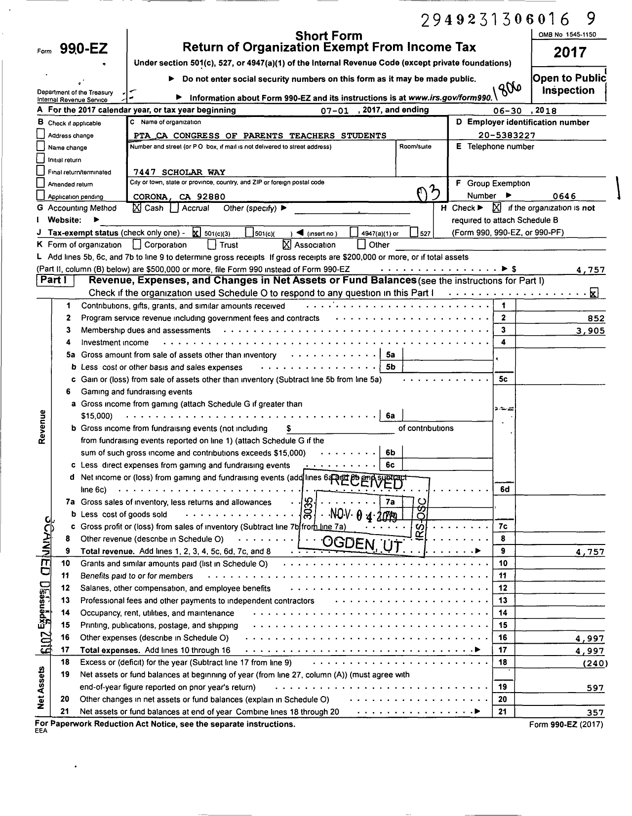 Image of first page of 2017 Form 990EZ for California State PTA - Eleanor Roosevelt Ptsa