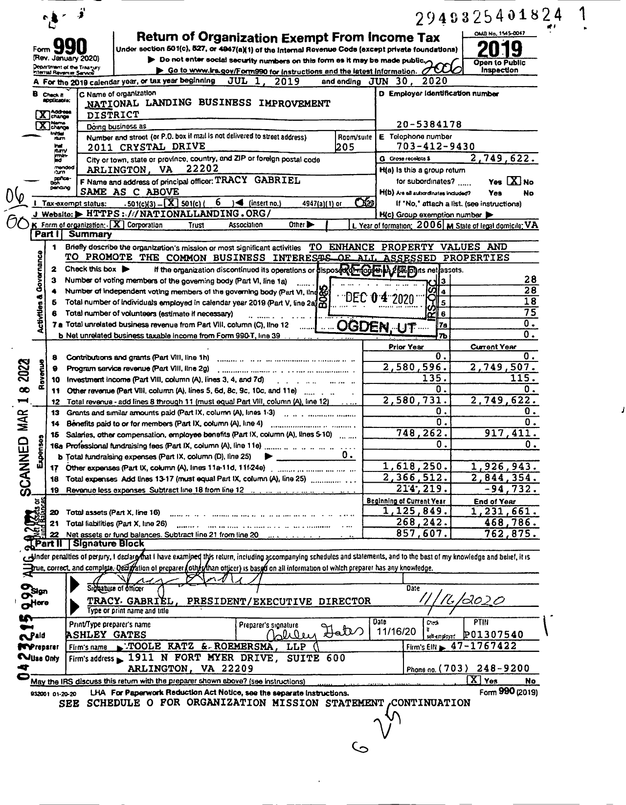 Image of first page of 2019 Form 990O for National Landing Business Improvement District