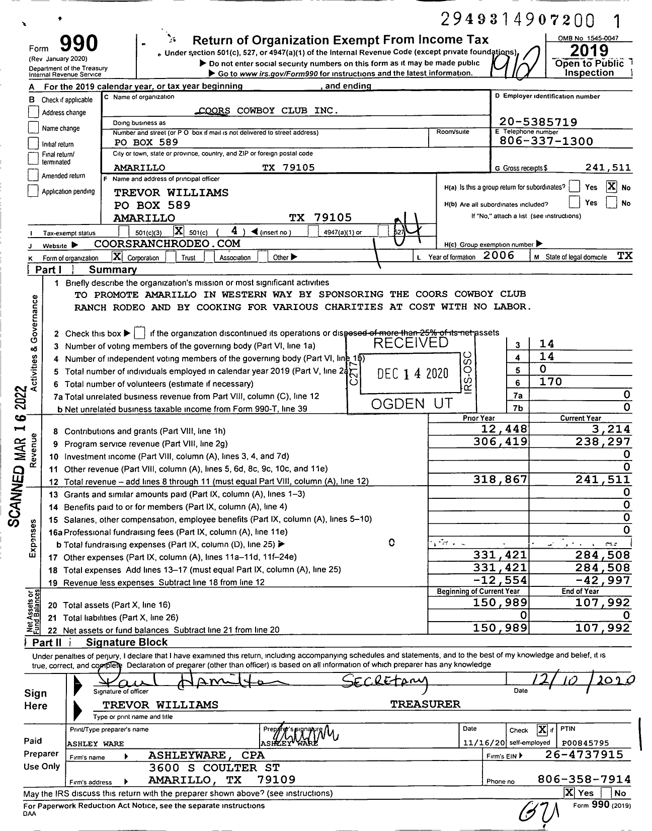 Image of first page of 2019 Form 990O for Coors Cowboy Club