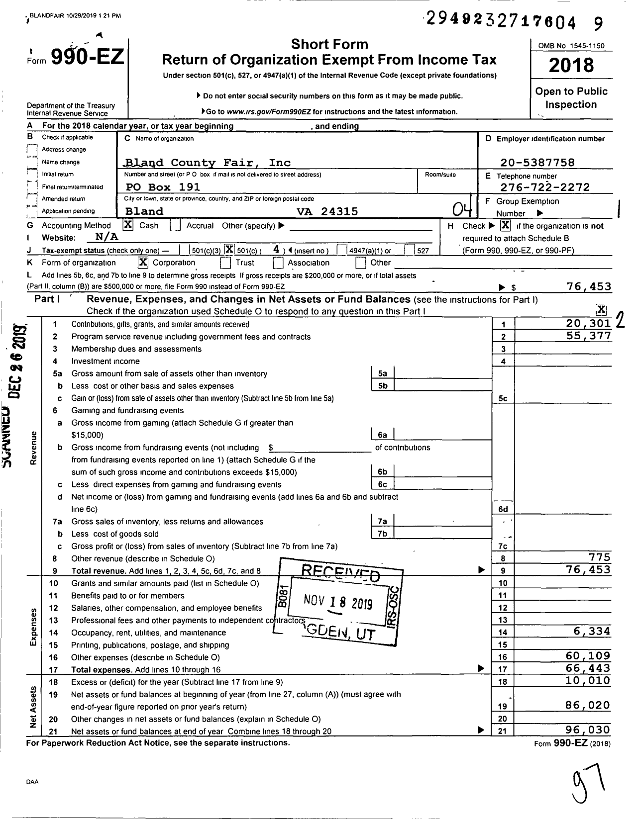 Image of first page of 2018 Form 990EO for Bland County Fair