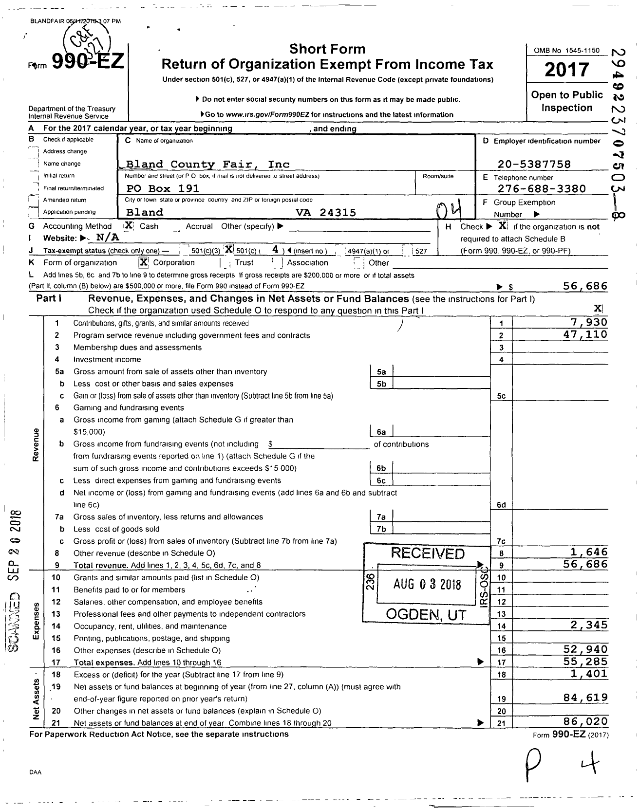 Image of first page of 2017 Form 990EO for Bland County Fair