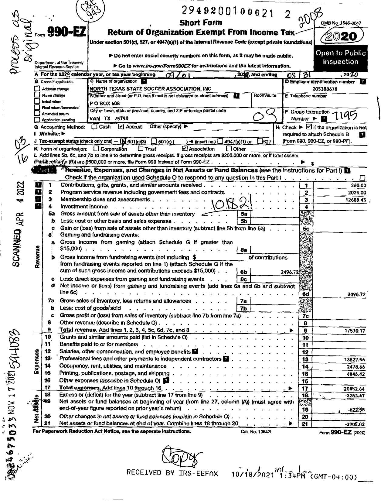 Image of first page of 2019 Form 990EZ for North Texas State Soccer Association / Van Soccer Association