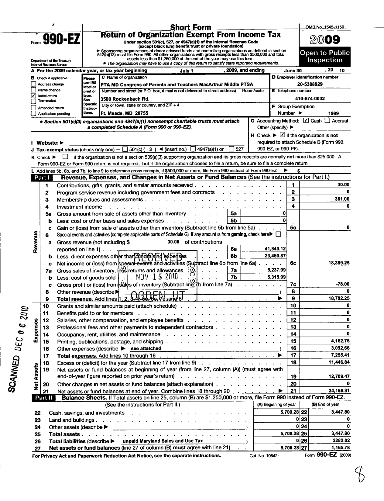 Image of first page of 2009 Form 990EZ for PTA Delaware Congress / Macarthur Middle School Ptsa