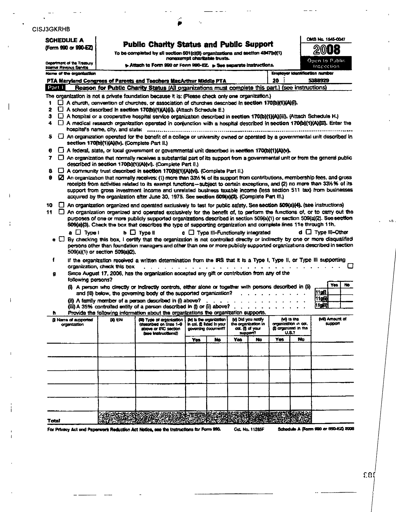 Image of first page of 2008 Form 990ER for PTA Delaware Congress / Macarthur Middle School Ptsa