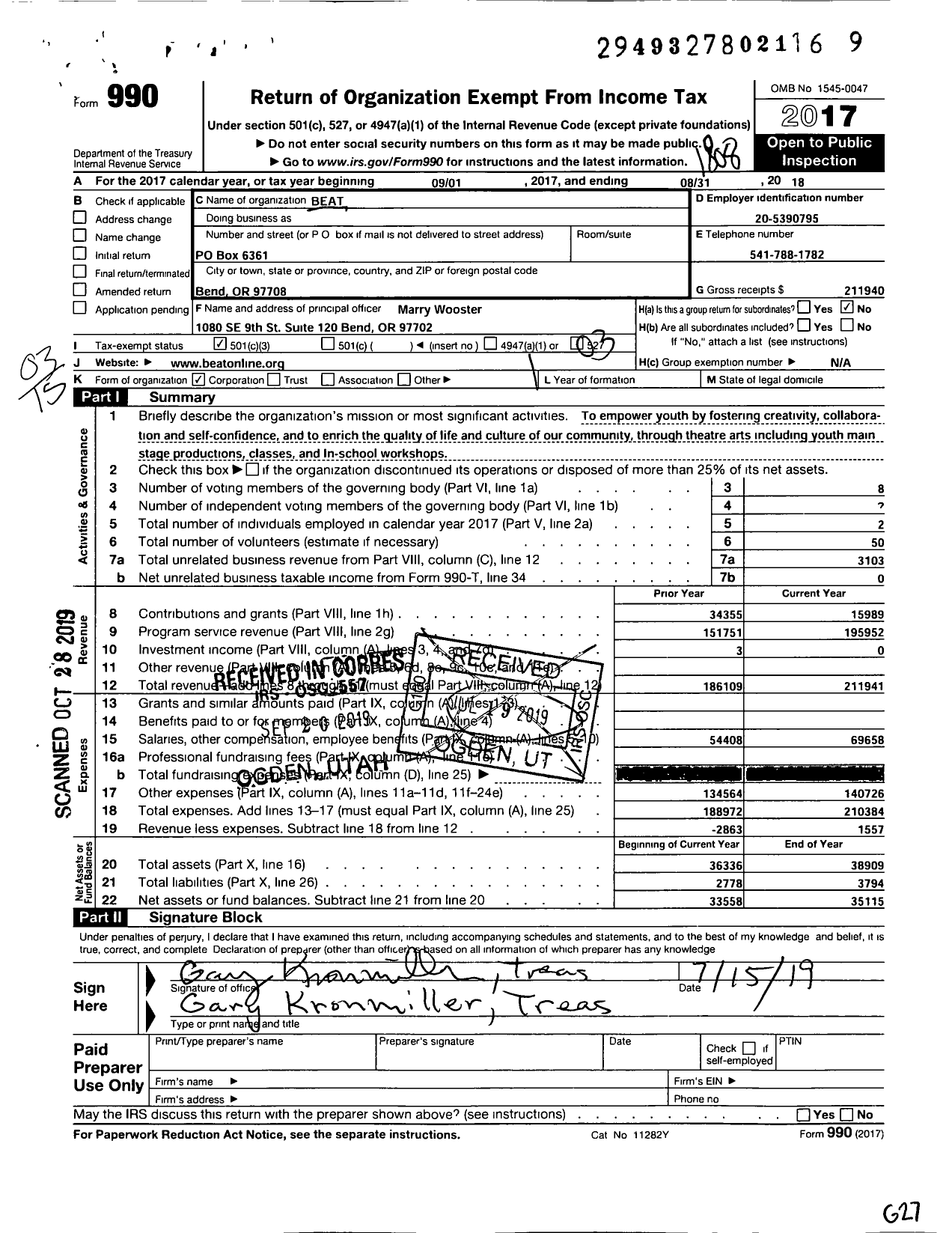 Image of first page of 2017 Form 990 for Beat