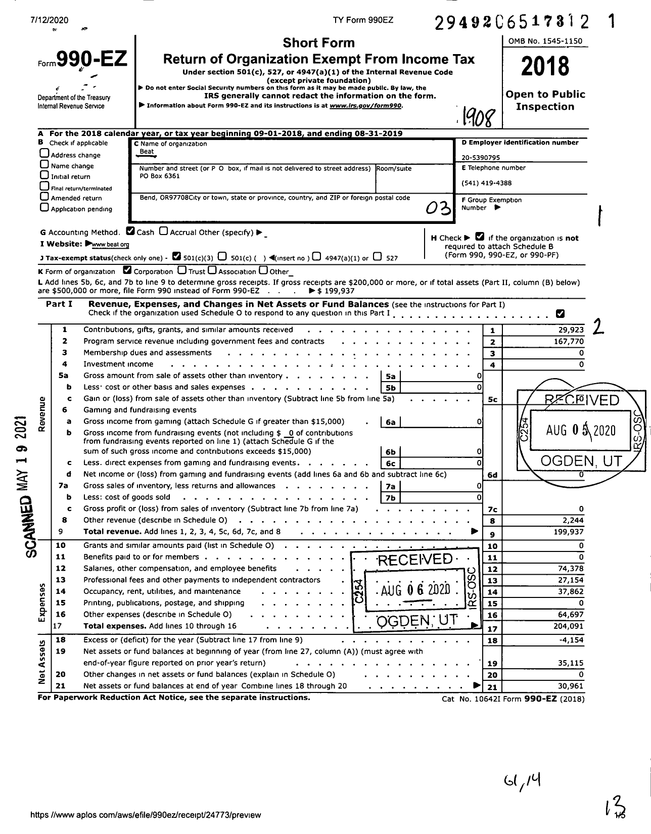 Image of first page of 2018 Form 990EZ for Beat