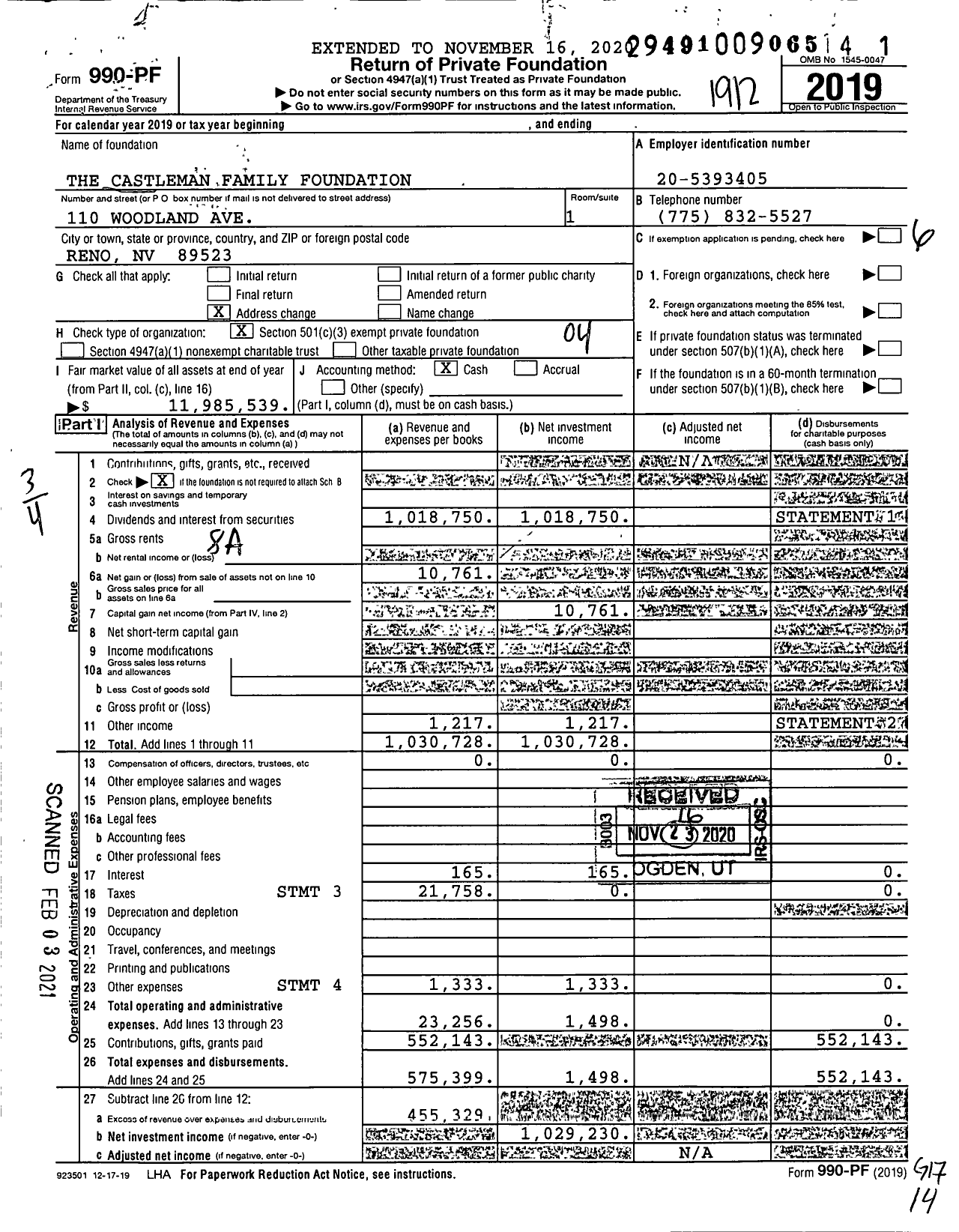 Image of first page of 2019 Form 990PF for The Castleman Family Foundation