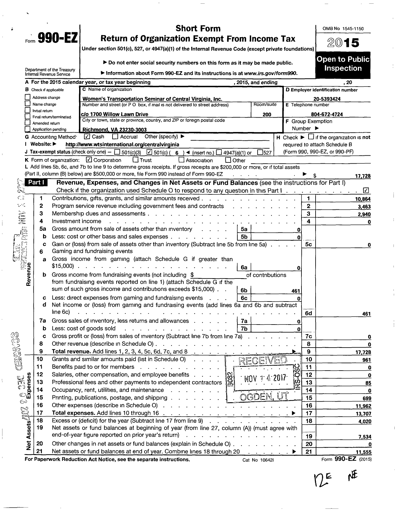 Image of first page of 2015 Form 990EO for Womens Transportation Seminar of Central Virginia