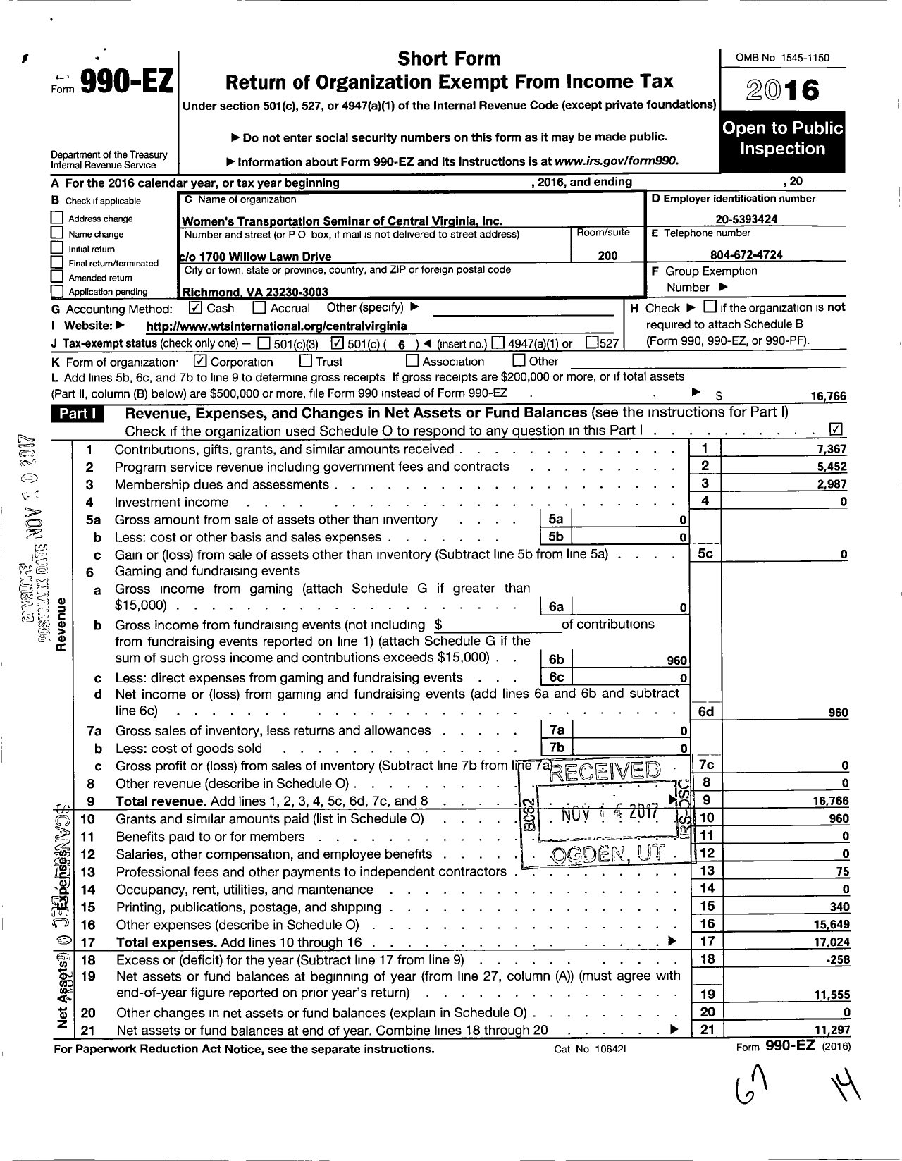 Image of first page of 2016 Form 990EO for Womens Transportation Seminar of Central Virginia