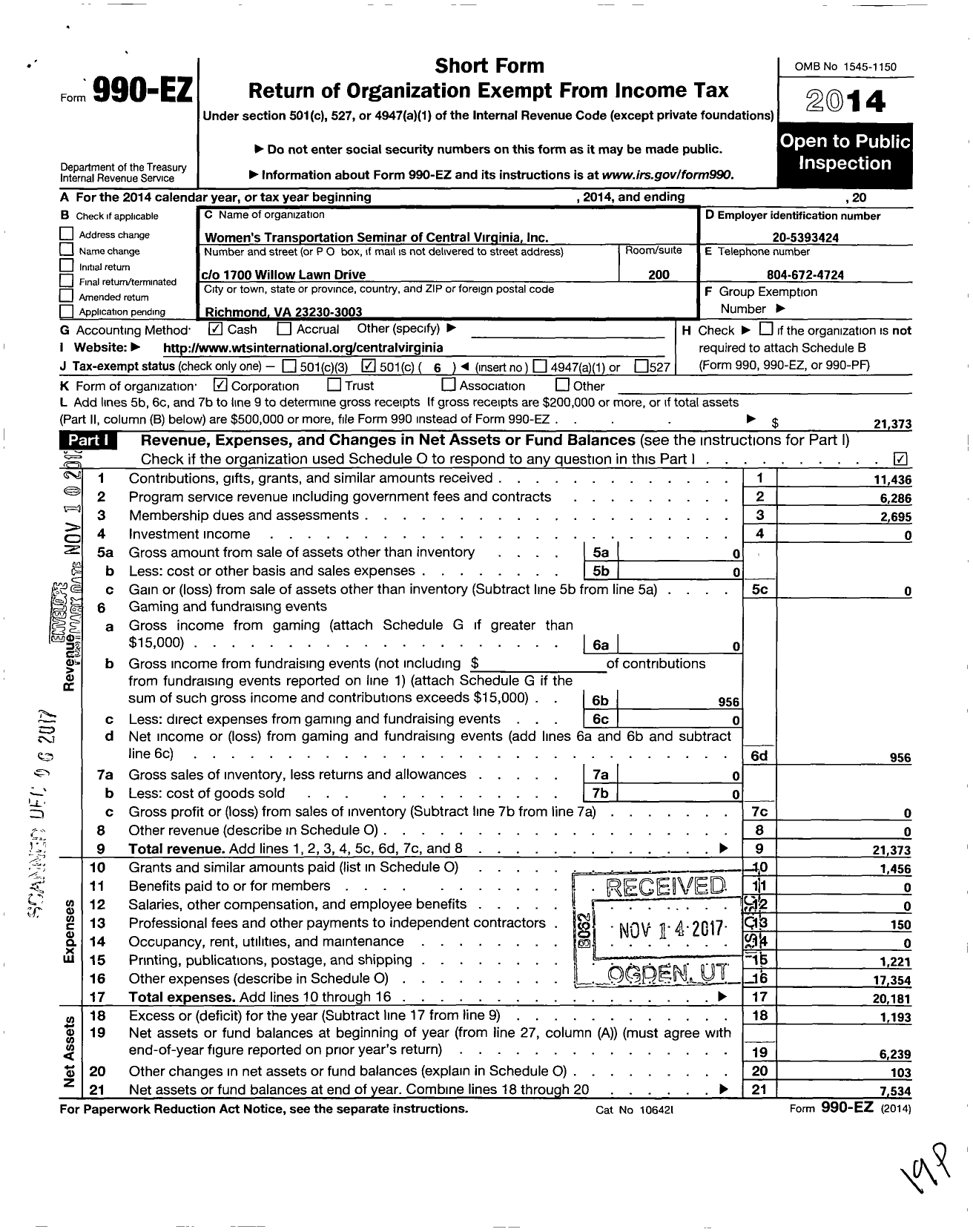 Image of first page of 2014 Form 990EO for Womens Transportation Seminar of Central Virginia