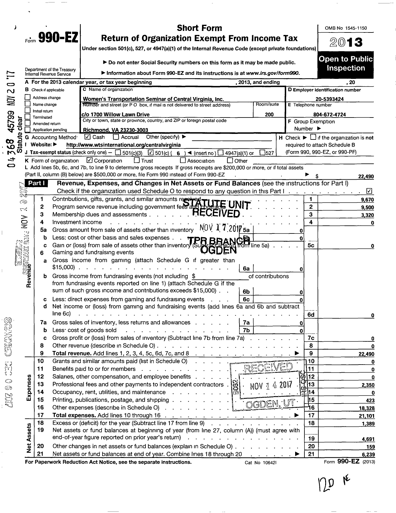 Image of first page of 2013 Form 990EO for Womens Transportation Seminar of Central Virginia