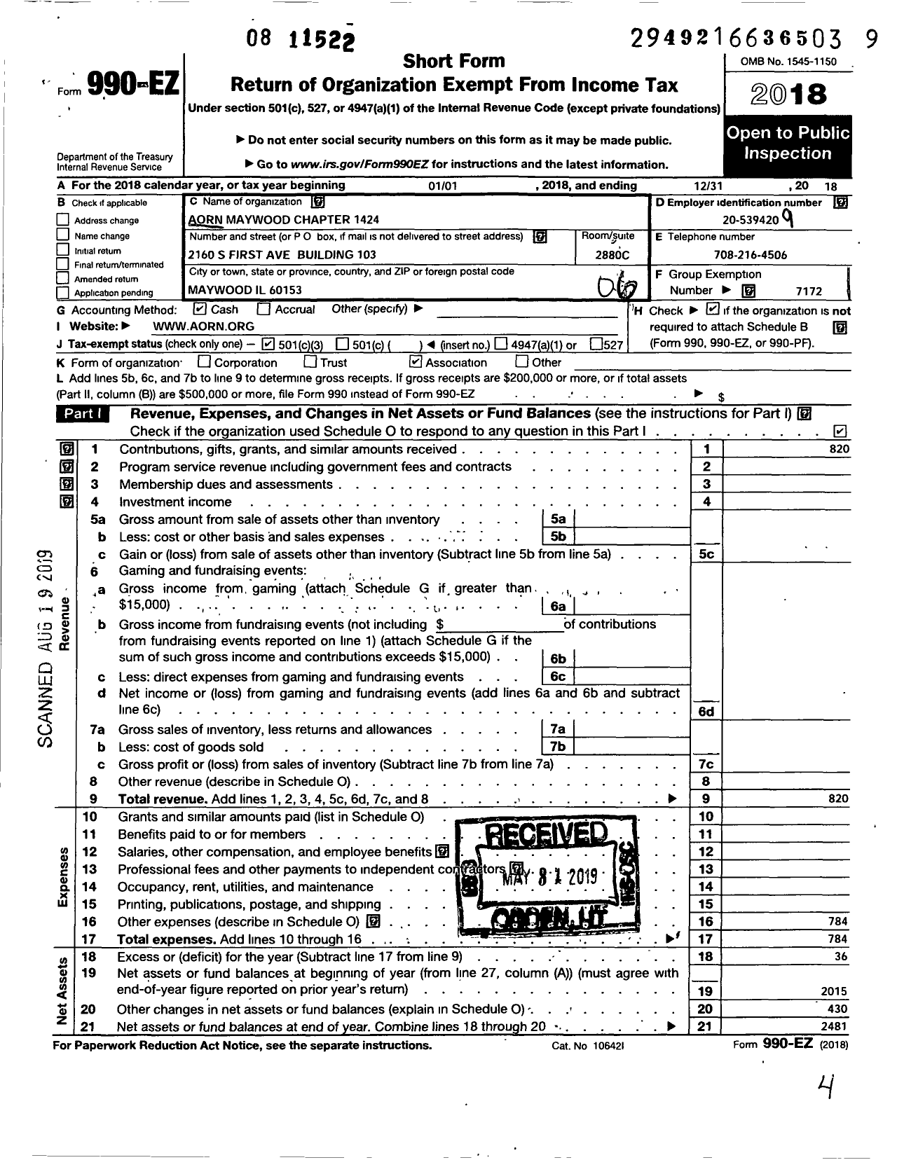 Image of first page of 2018 Form 990EO for Association of Operating Room Nurses