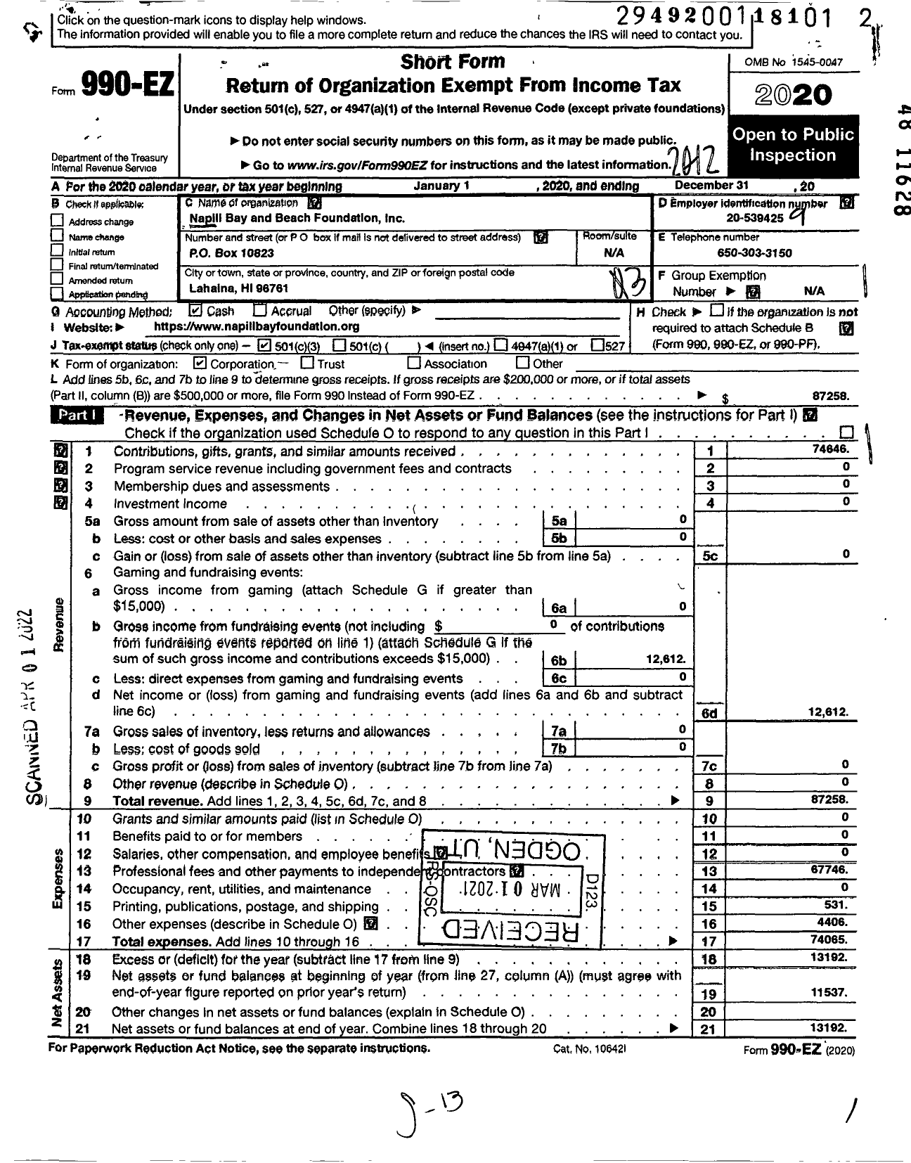 Image of first page of 2020 Form 990EZ for Napili Bay and Beach Foundation