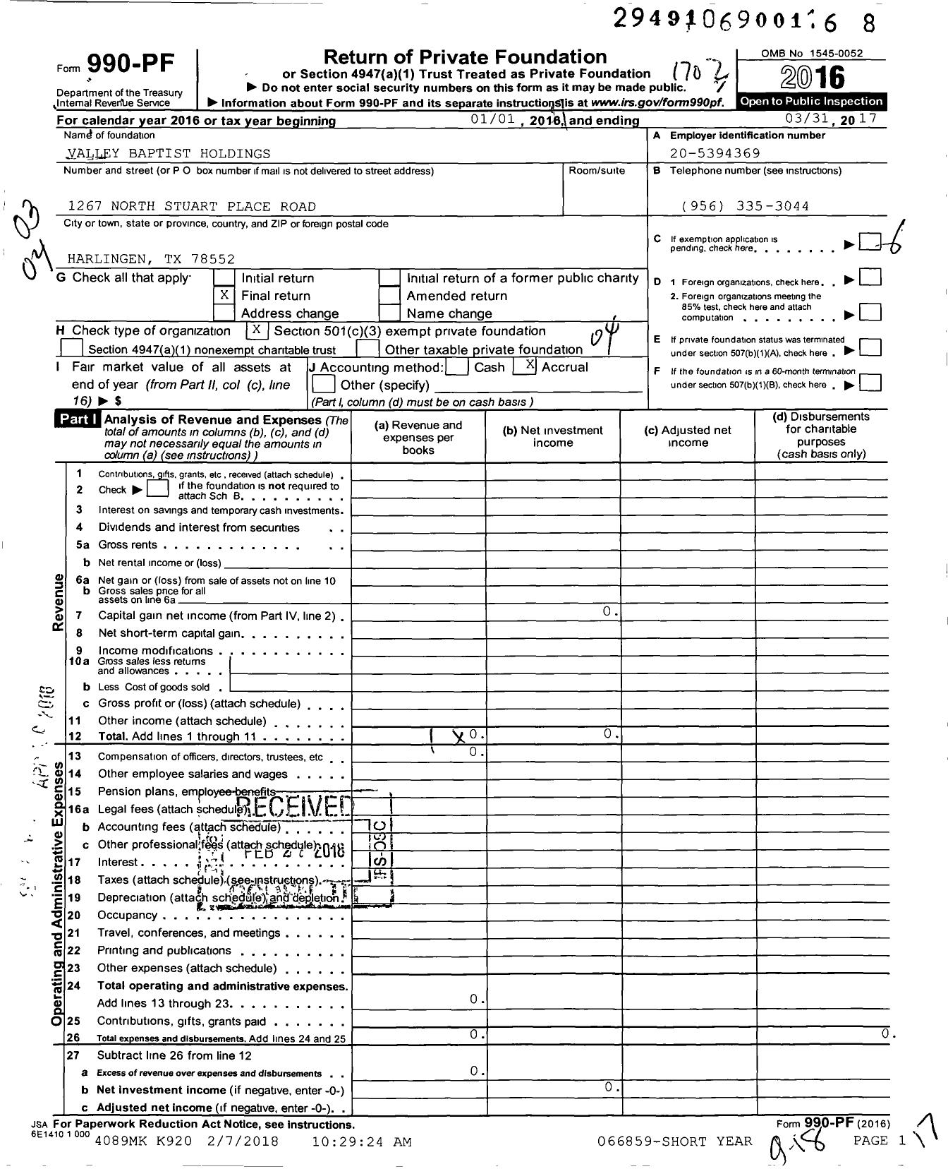 Image of first page of 2016 Form 990PF for Valley Baptist Holdings