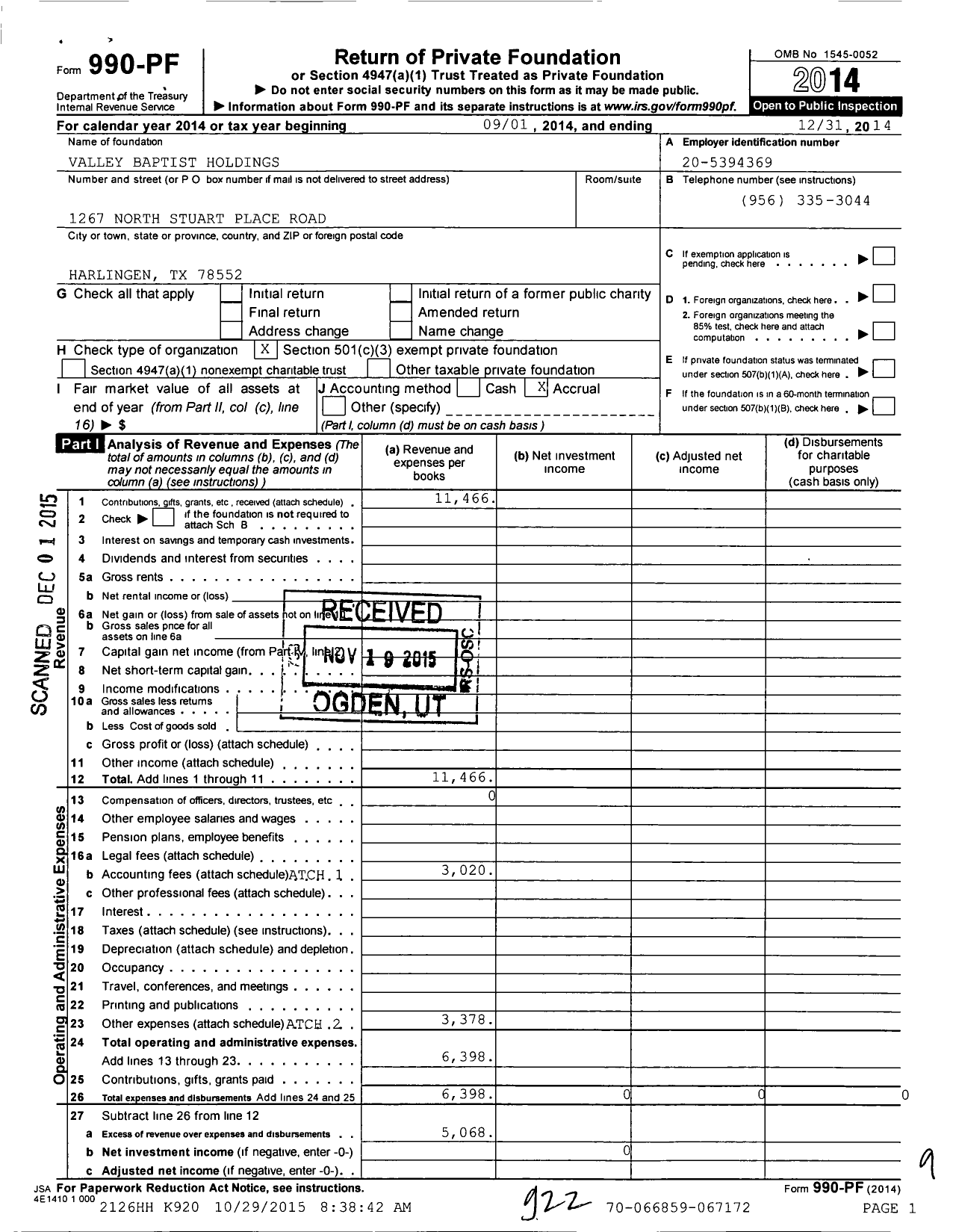 Image of first page of 2014 Form 990PF for Valley Baptist Holdings