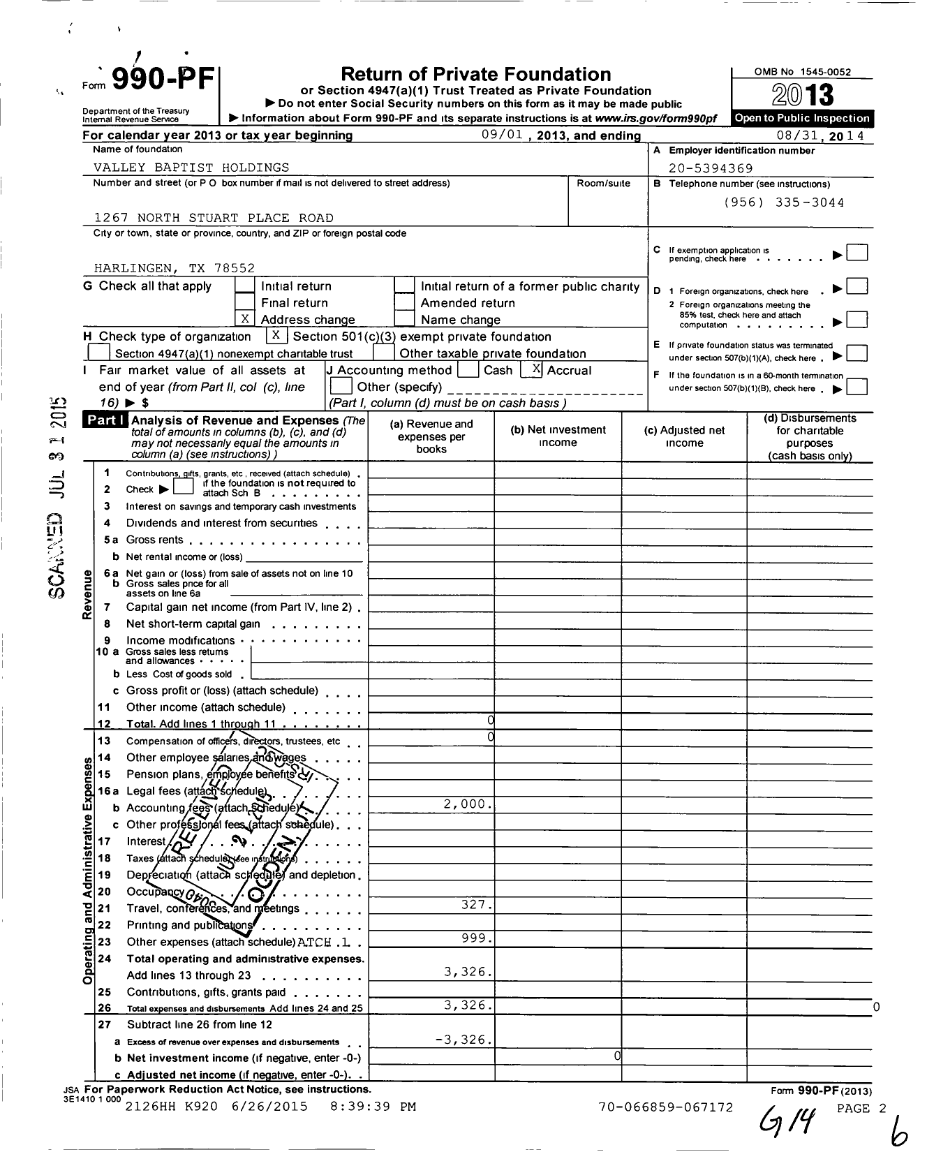 Image of first page of 2013 Form 990PF for Valley Baptist Holdings