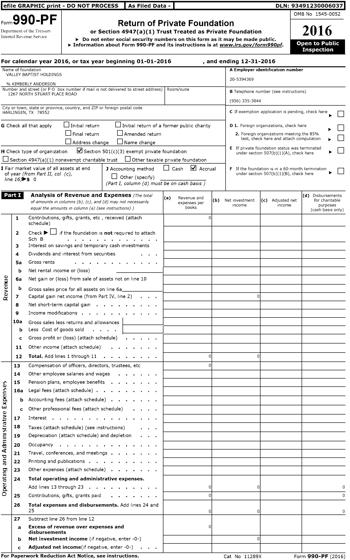 Image of first page of 2016 Form 990PF for Valley Baptist Holdings