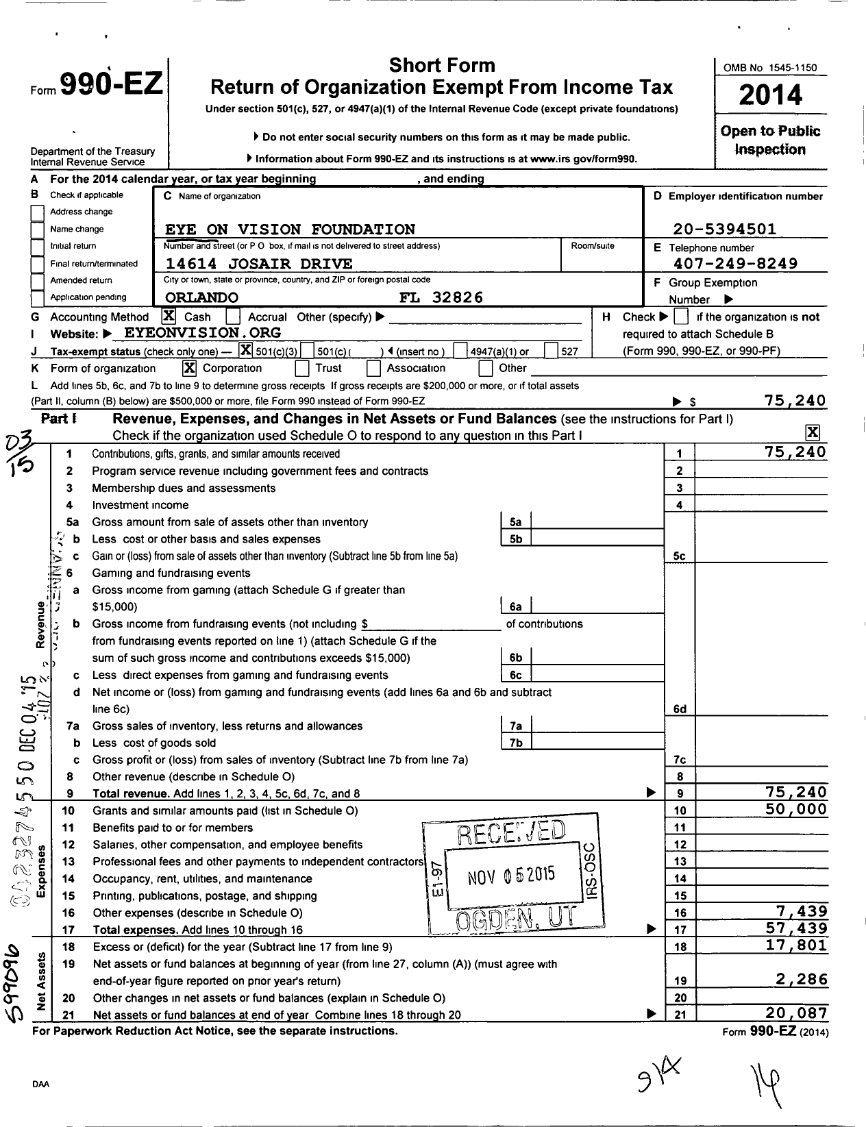 Image of first page of 2014 Form 990EZ for Eye on Vision Foundation Corporation