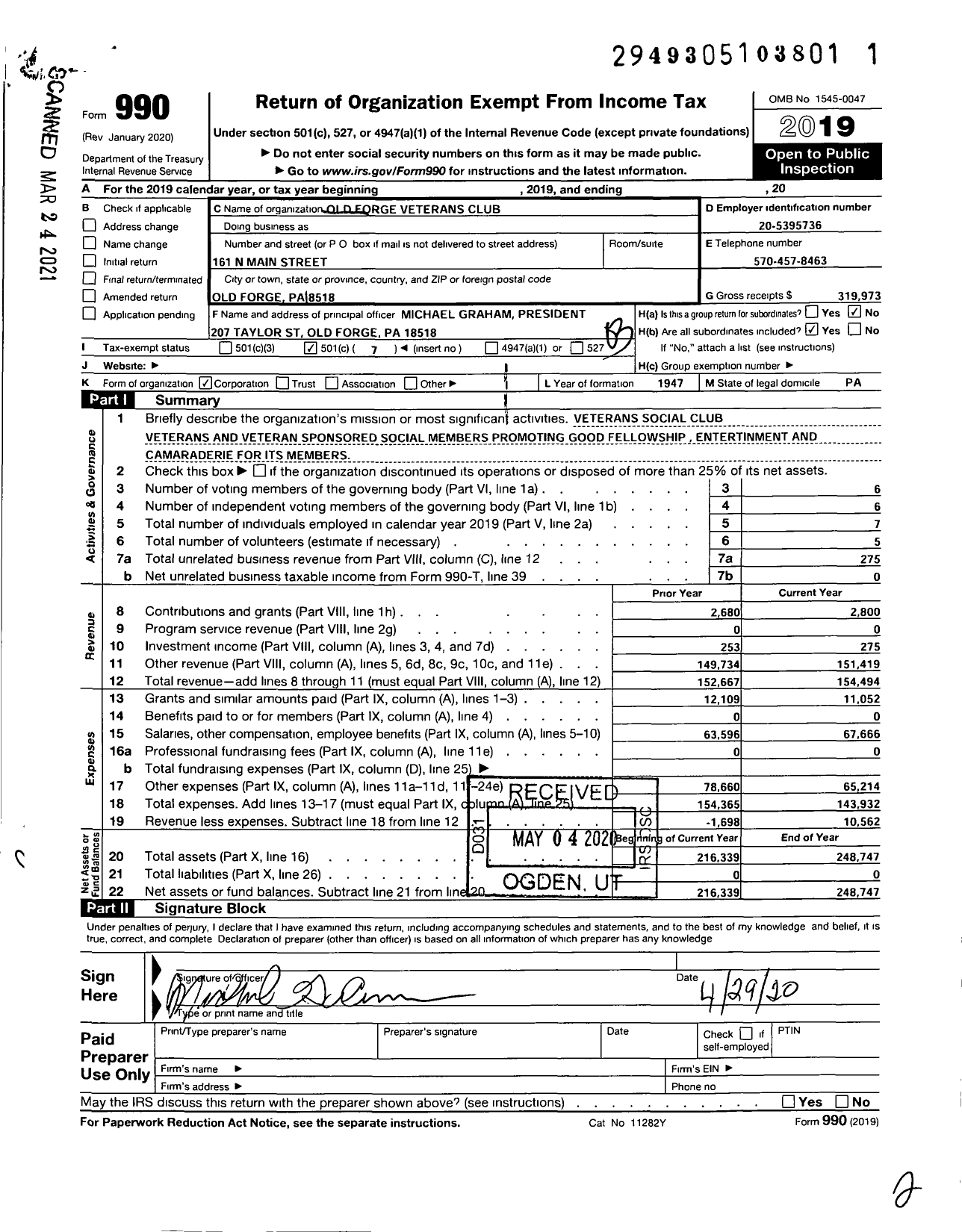 Image of first page of 2019 Form 990 for Old Forge Veterans Club